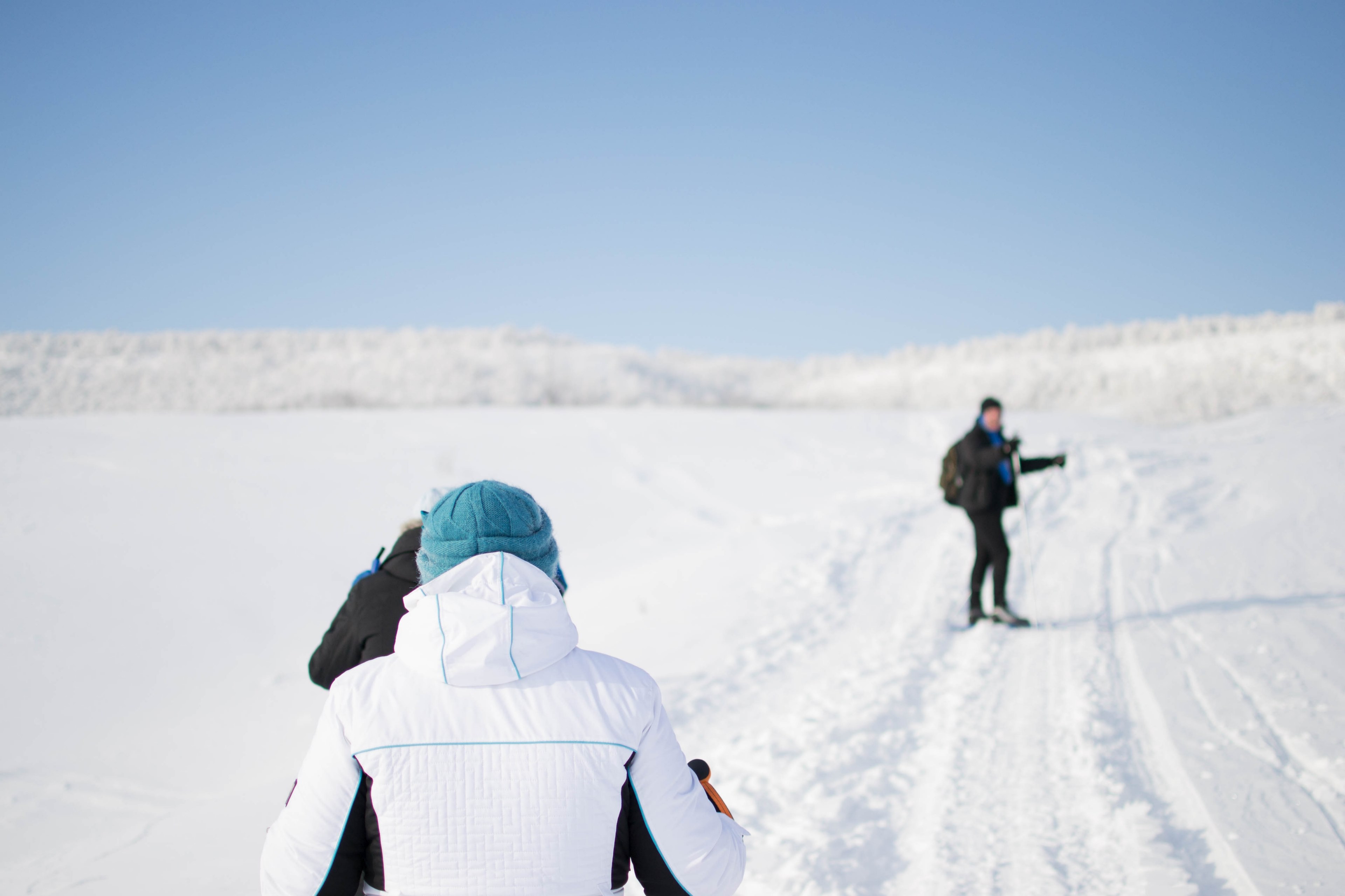 three people walking through a deserted snowy valley with tire tracks on the ground, people walking in snowy valley 4k, HD Wallpaper