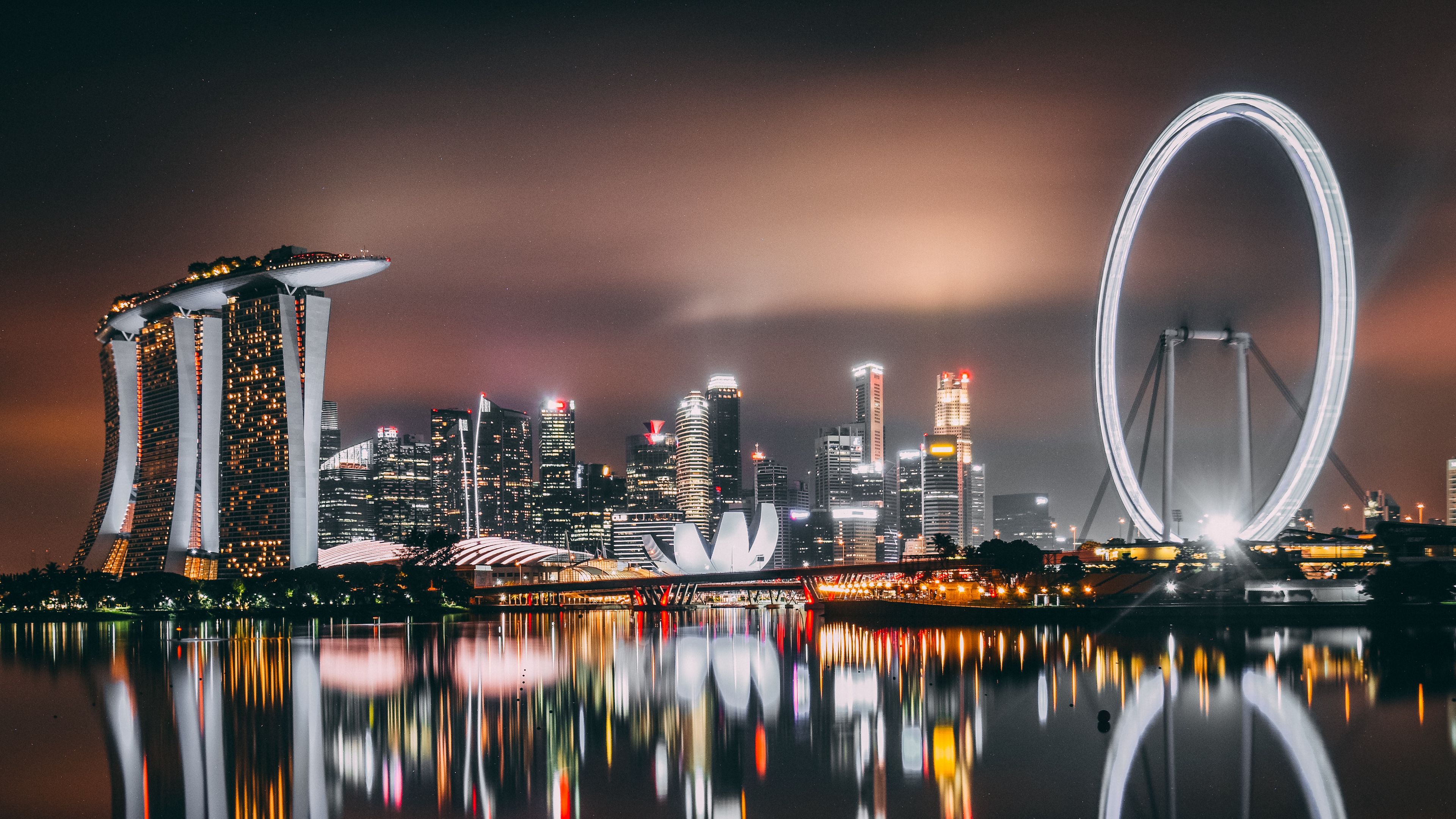 singapore, skyscrapers, buildings, shore, night, 4k, HD Wallpaper