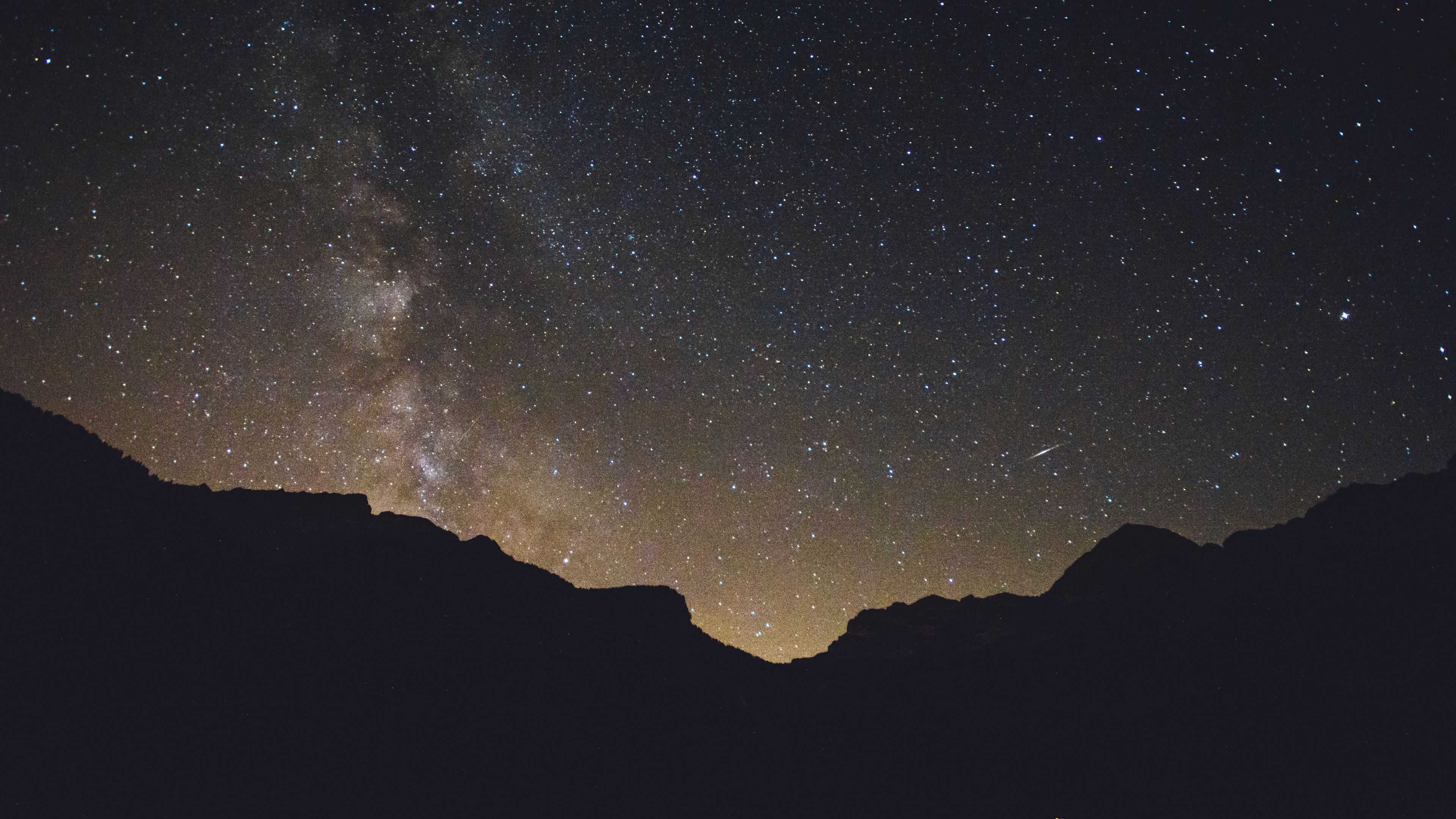 starry sky, mountains, radiance, 4k, HD Wallpaper