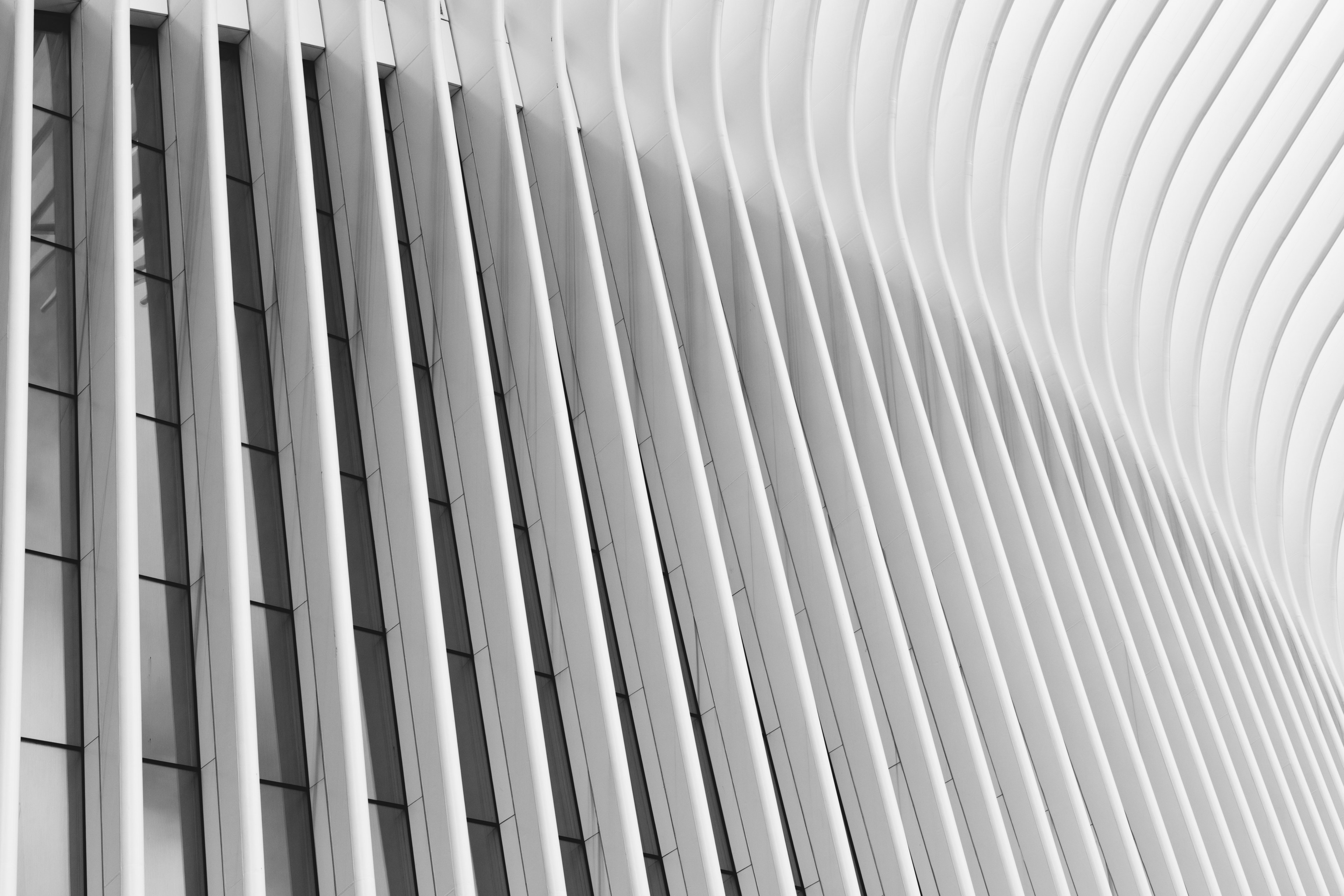 a modern facade with narrow white ribs, monochrome wall at oculus 4k, HD Wallpaper