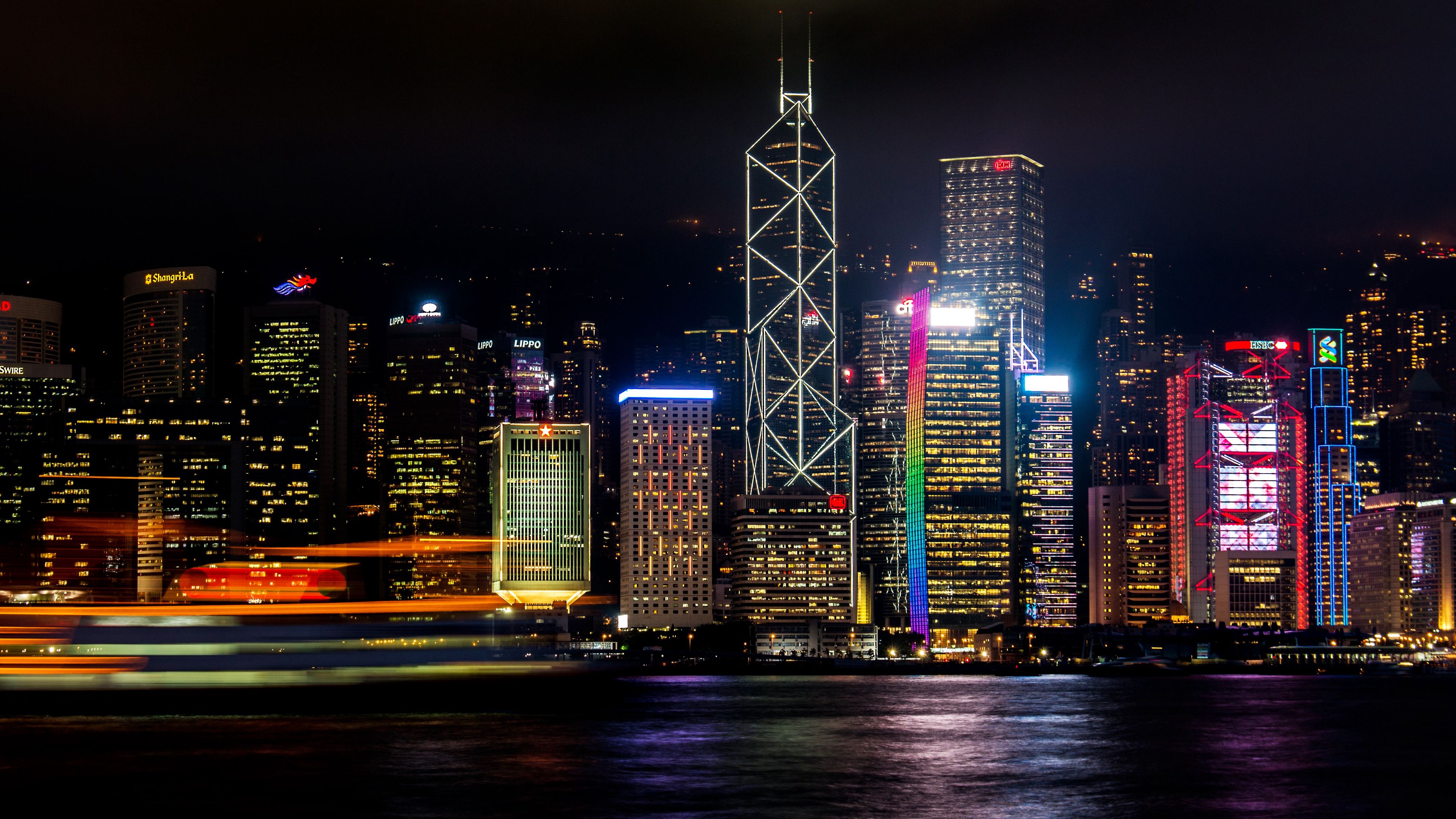hong kong, skyscrapers, night, shore, 4k, HD Wallpaper