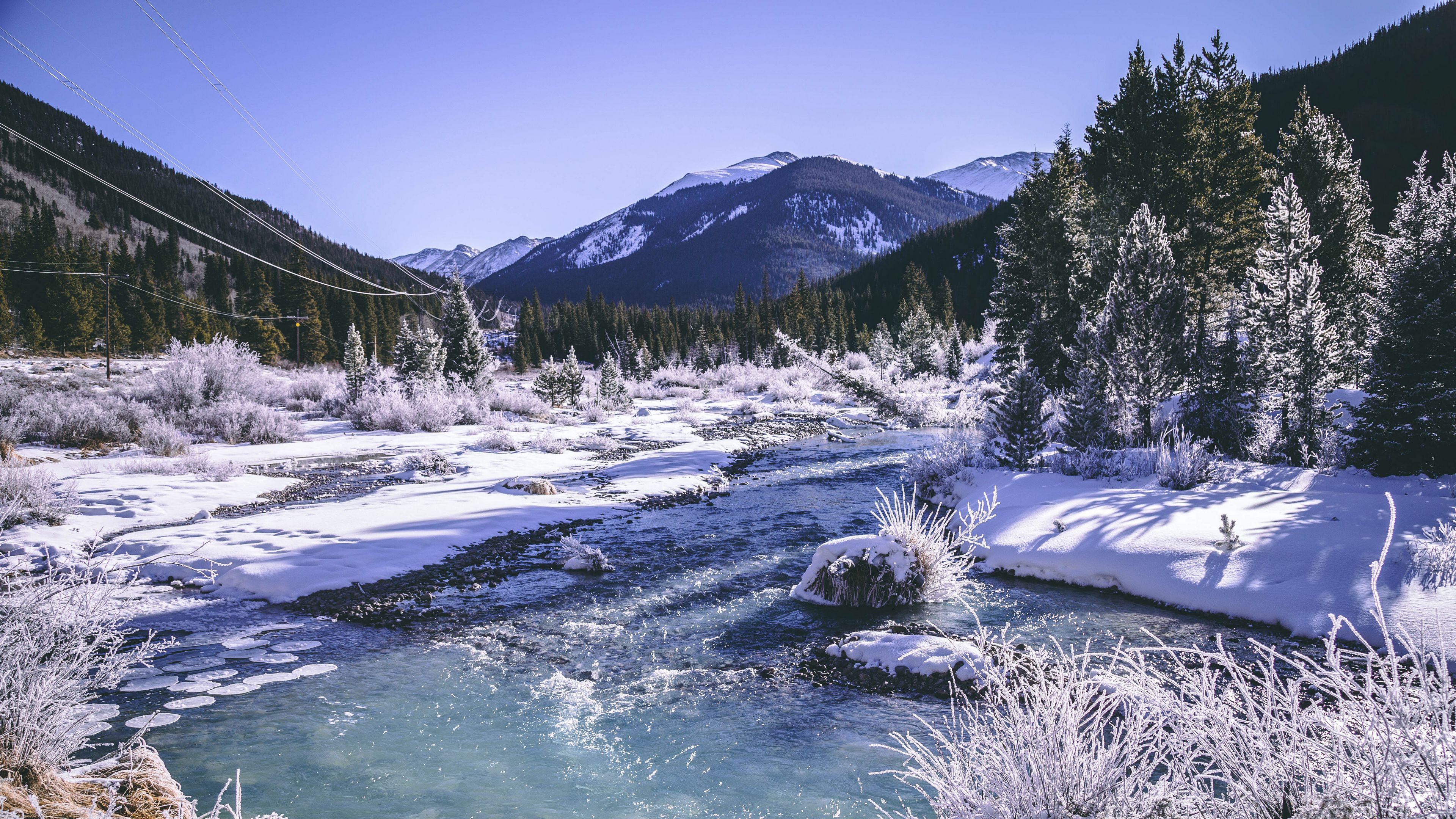 mountains, winter, snow, lake, trees, 4k, HD Wallpaper