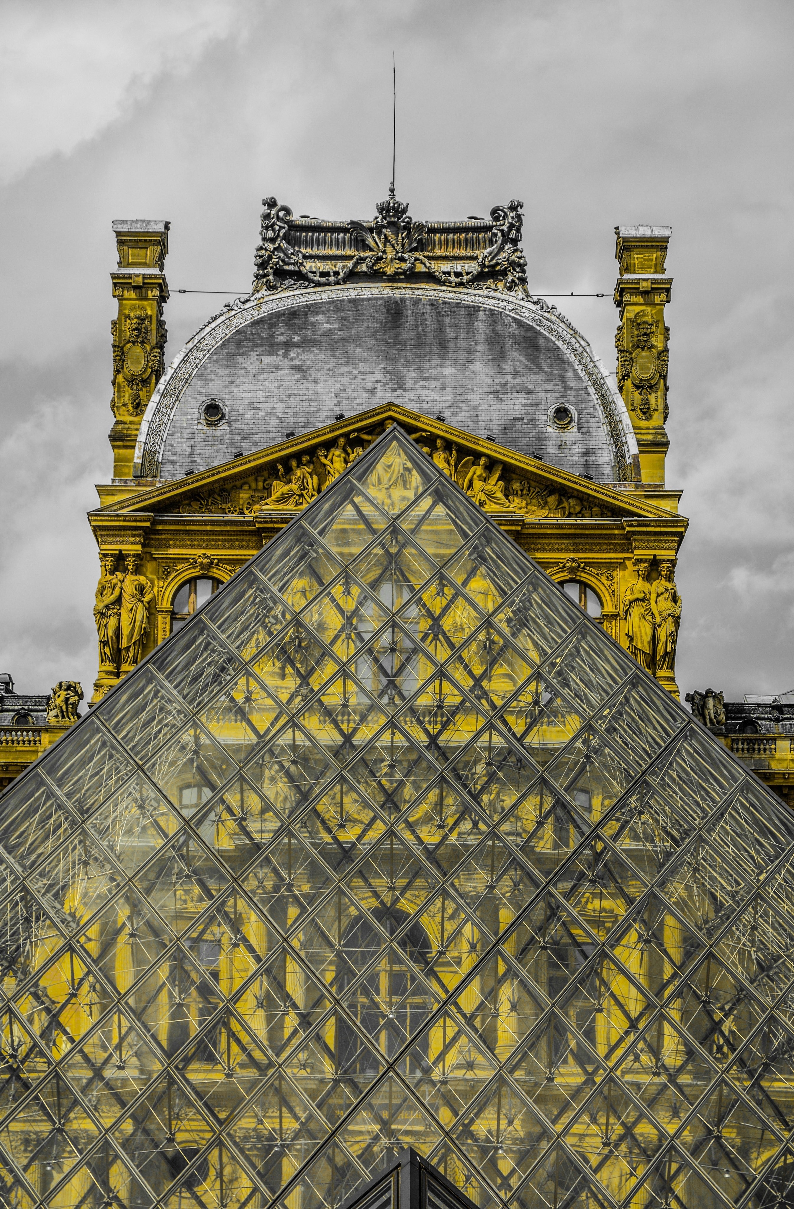 the glass pyramid in front of the louvre on a cloudy day, louvre pyramid 4k, Phone HD Wallpaper