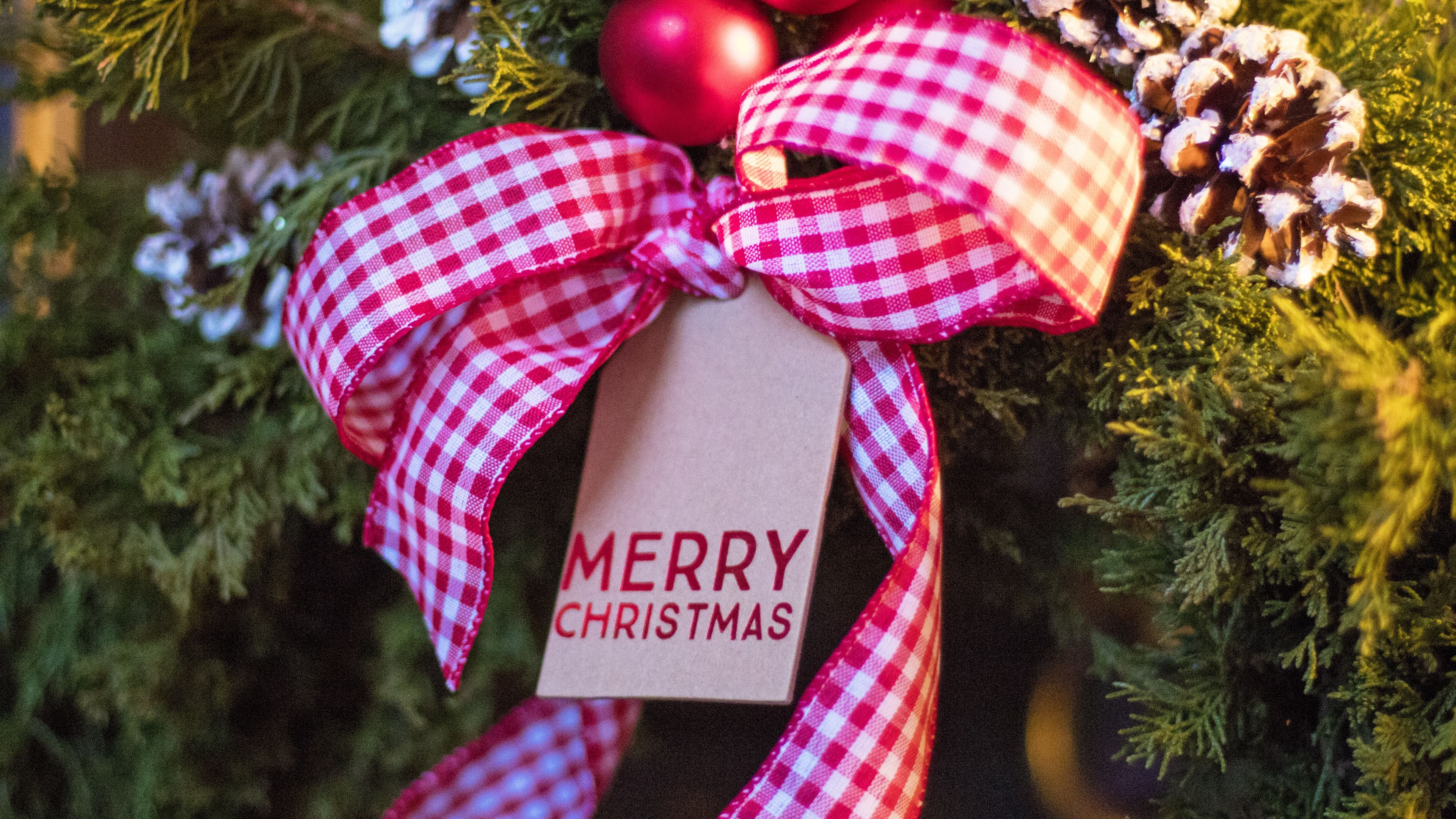 christmas, christmas tree toy, bow, new year, 4k, HD Wallpaper