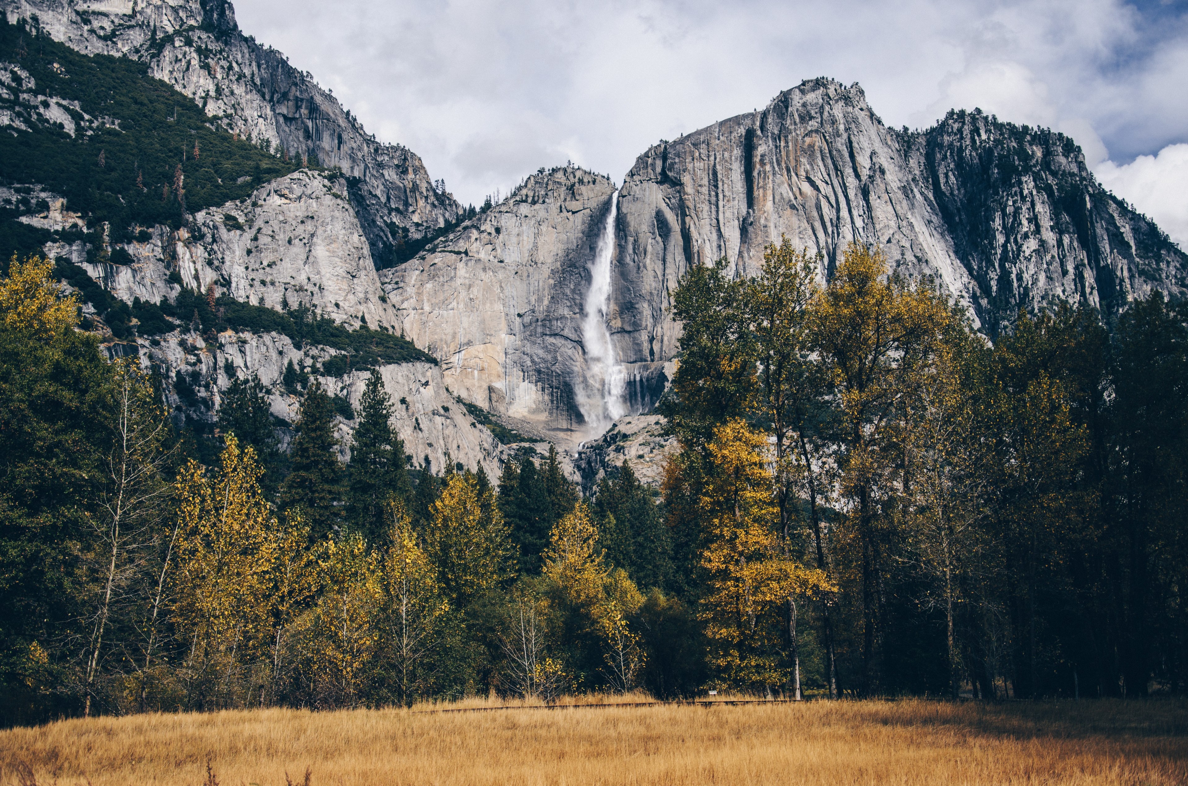 tall granite summits overlooking a golden field, waterfall in yosemite 4k, HD Wallpaper