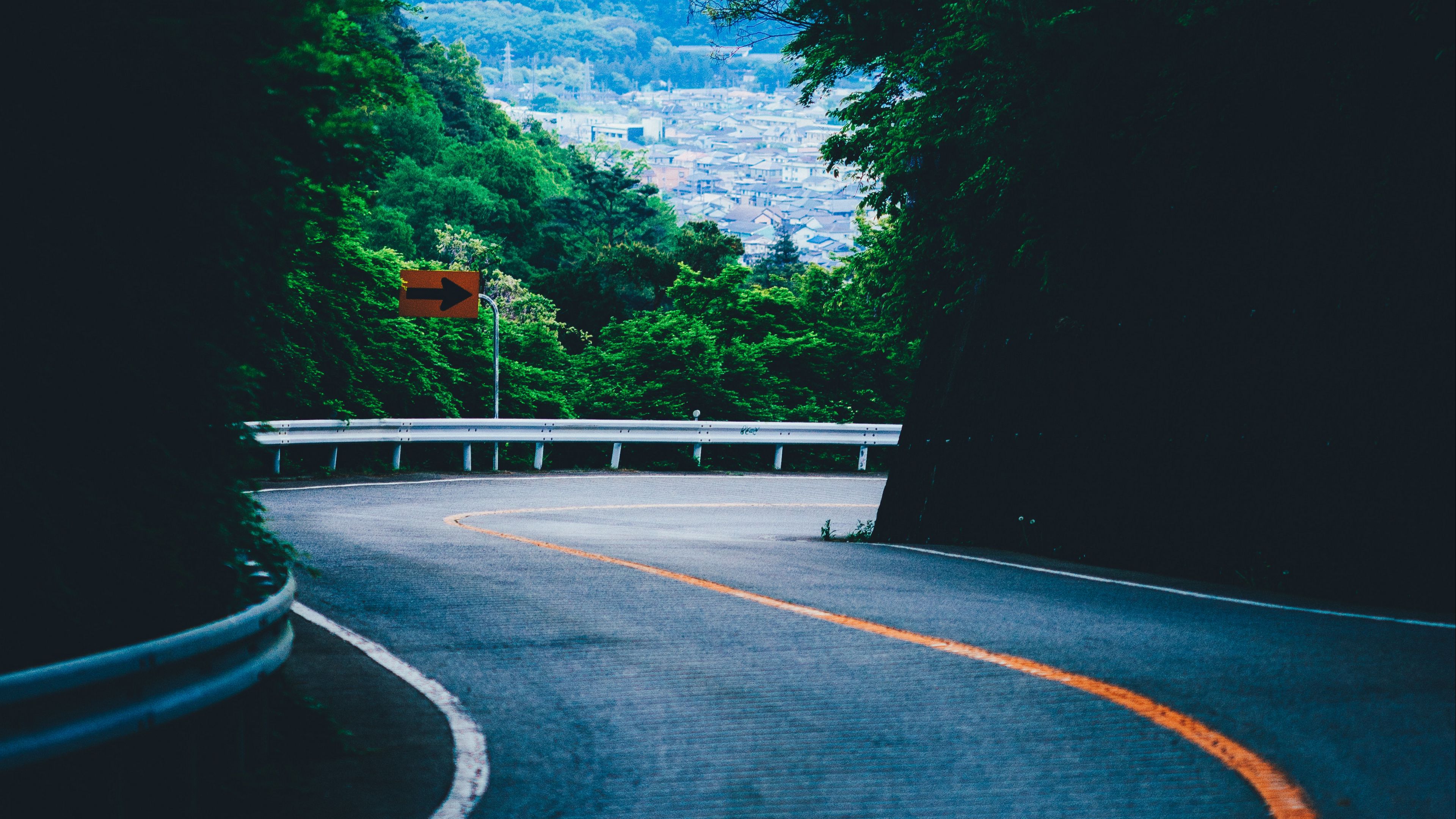 turn, road, mountains, trees, marking, 4k, HD Wallpaper