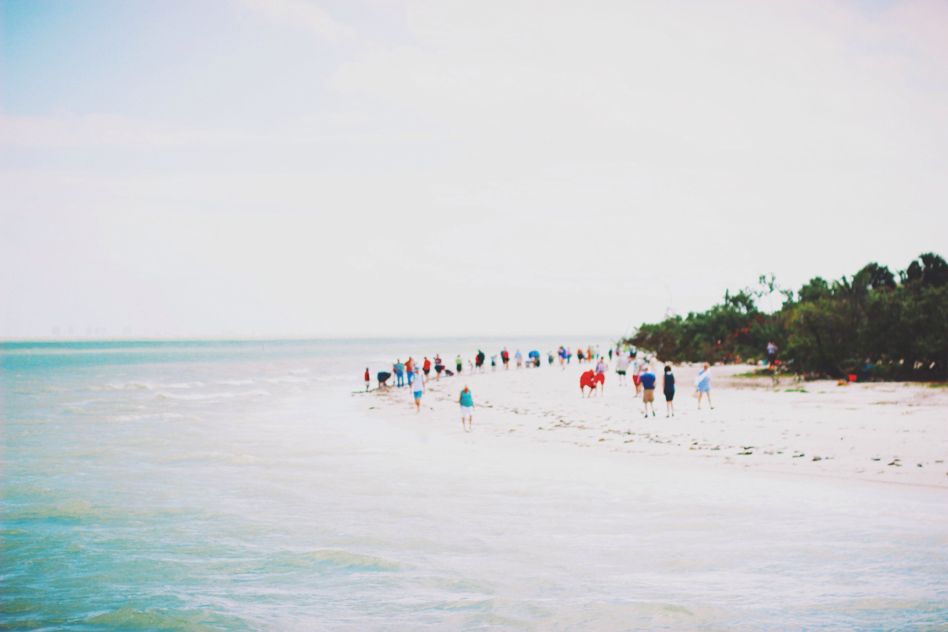 people dressed in an array of bright colors stand along the blue sea shore, _people standing on the beach 4k, HD Wallpaper