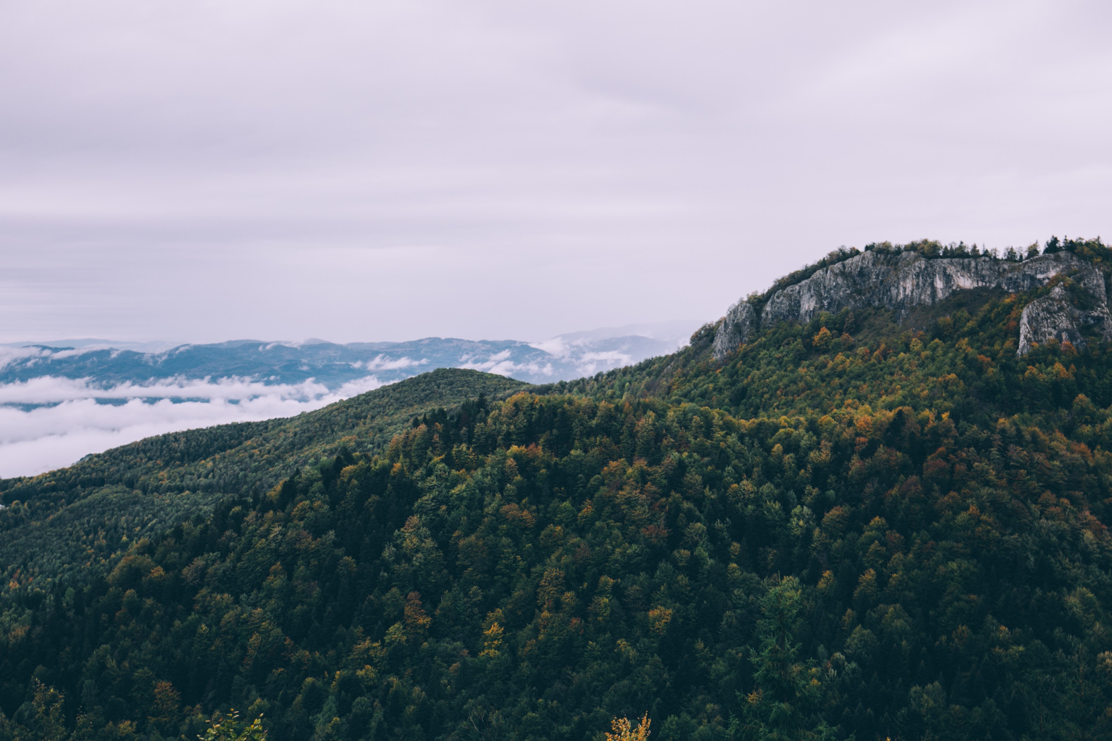 a rock formation rising up above a wooded hill in arieseni, wooded hill in autumn 4k, HD Wallpaper