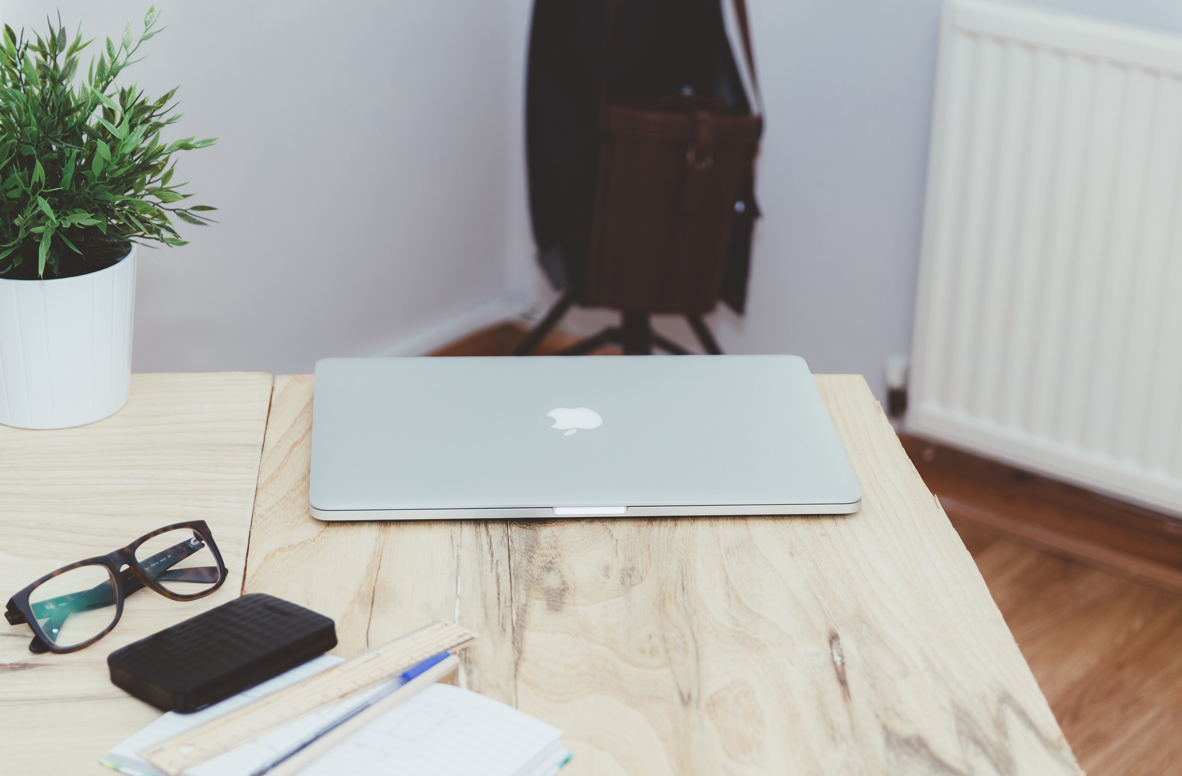wooden table green plant home workstation and working from home 4k, HD Wallpaper