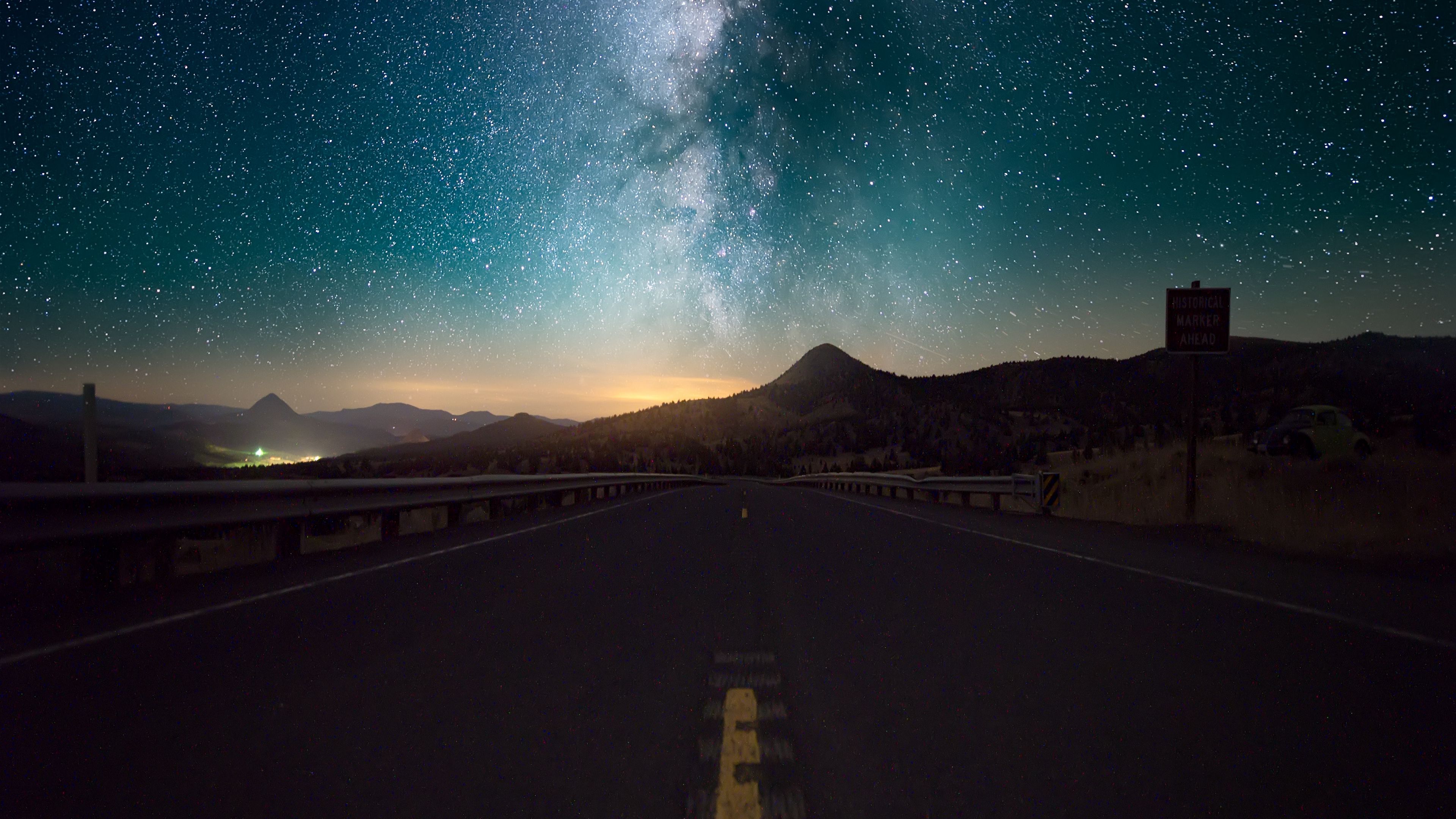 starry sky, horizon, night, road, 4k, HD Wallpaper