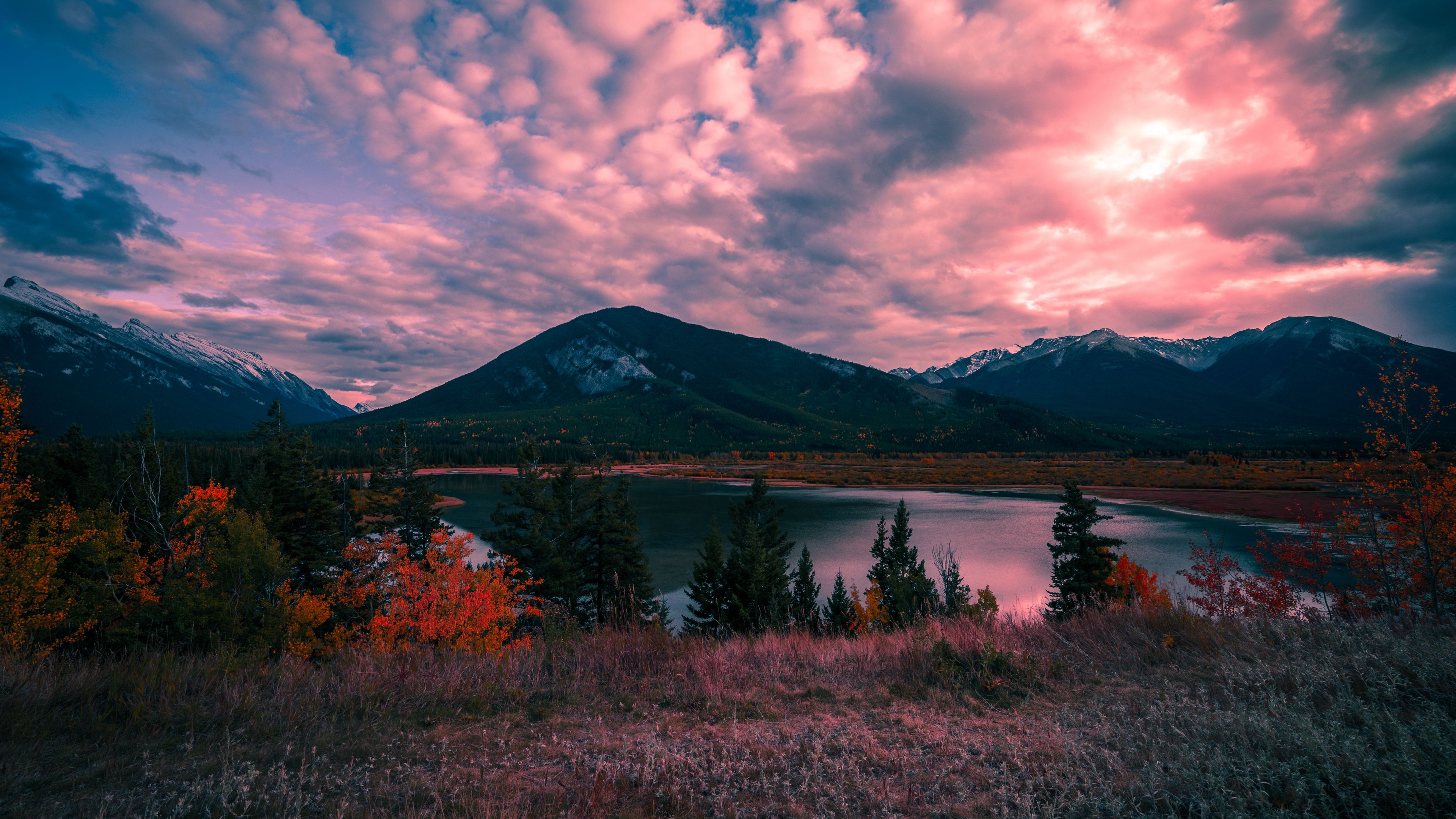 mountains, lake, sunset, 4k, HD Wallpaper
