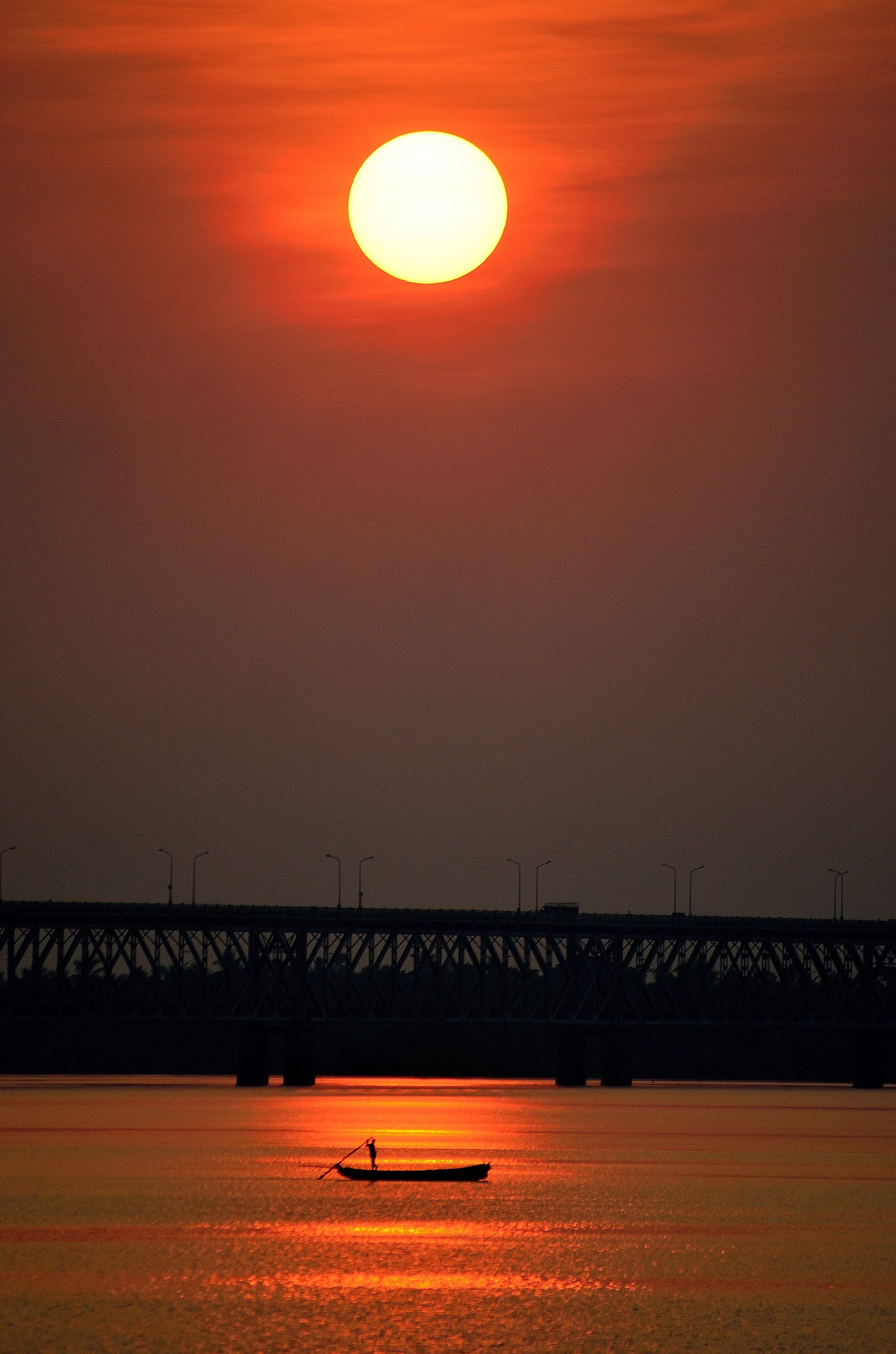 sunset boat bridge and sunrise hd, 4k, Phone HD Wallpaper