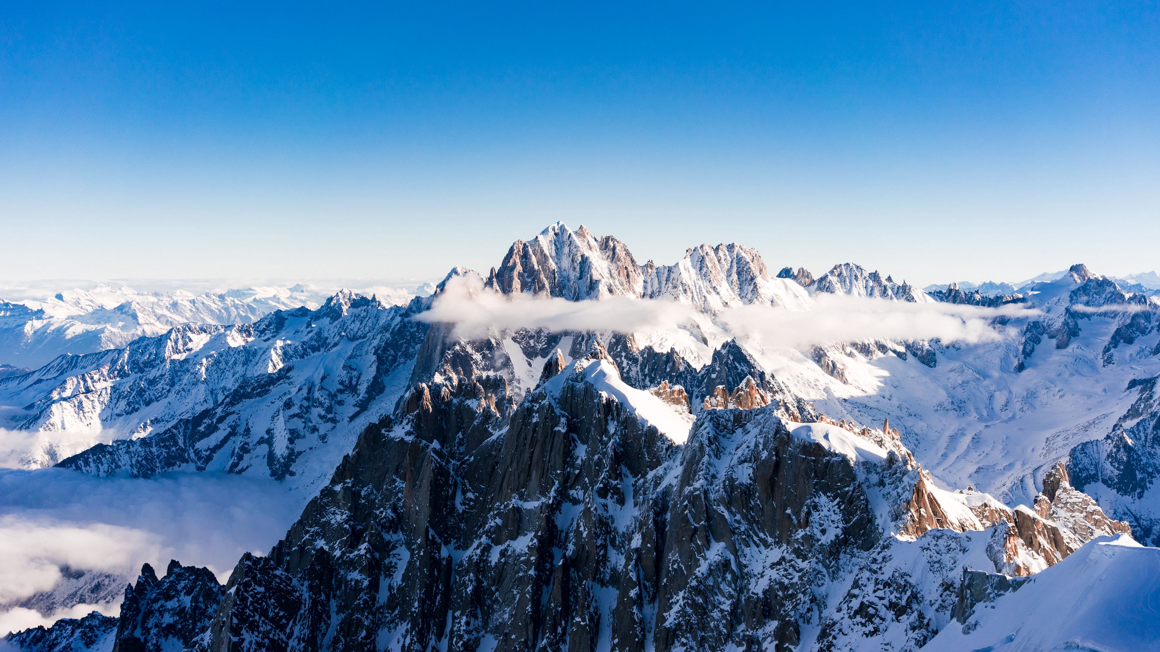 mountains, tops, snow, sky, 4k, HD Wallpaper