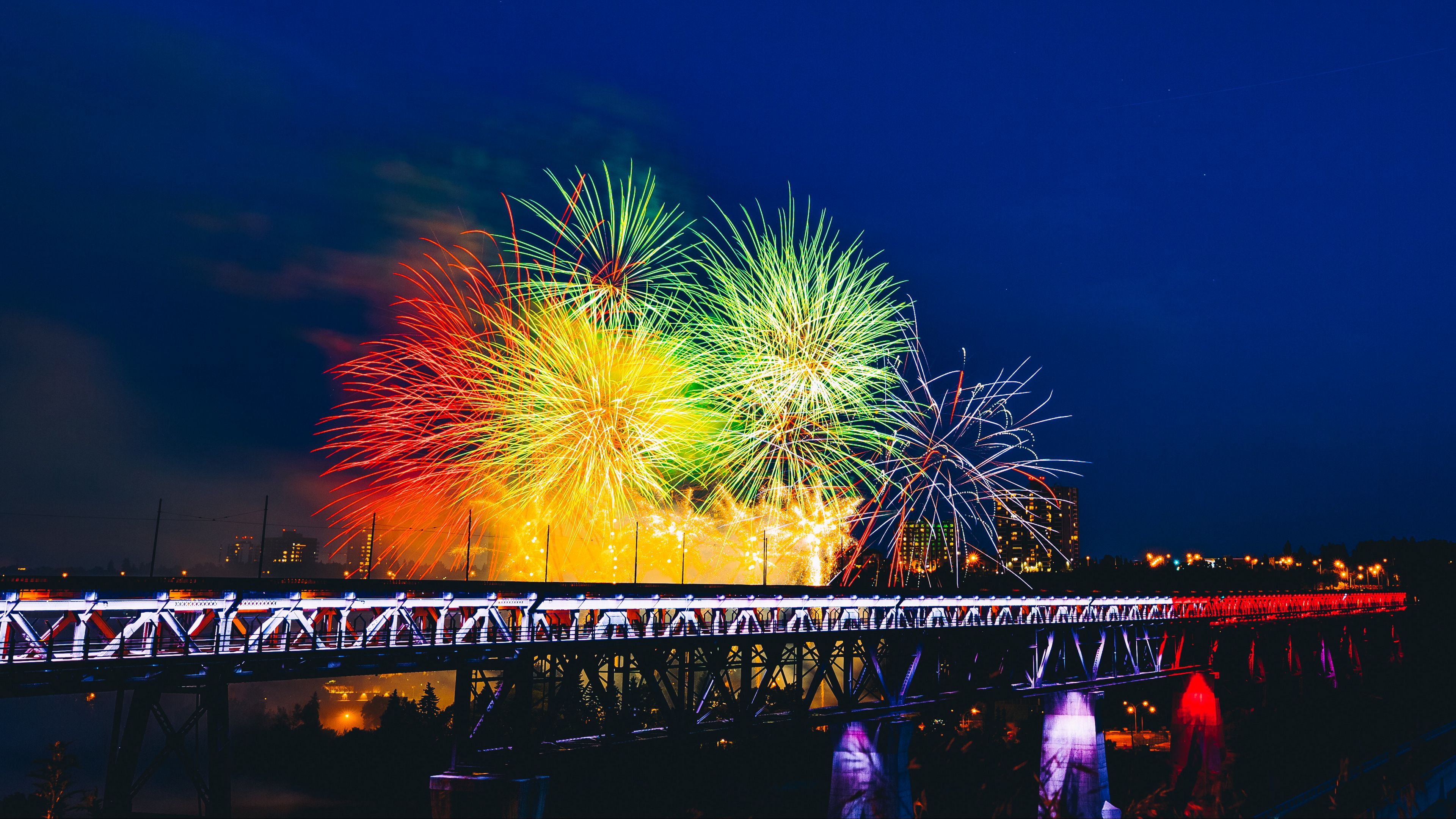 fireworks, bridge, holiday, colorful, 4k, HD Wallpaper