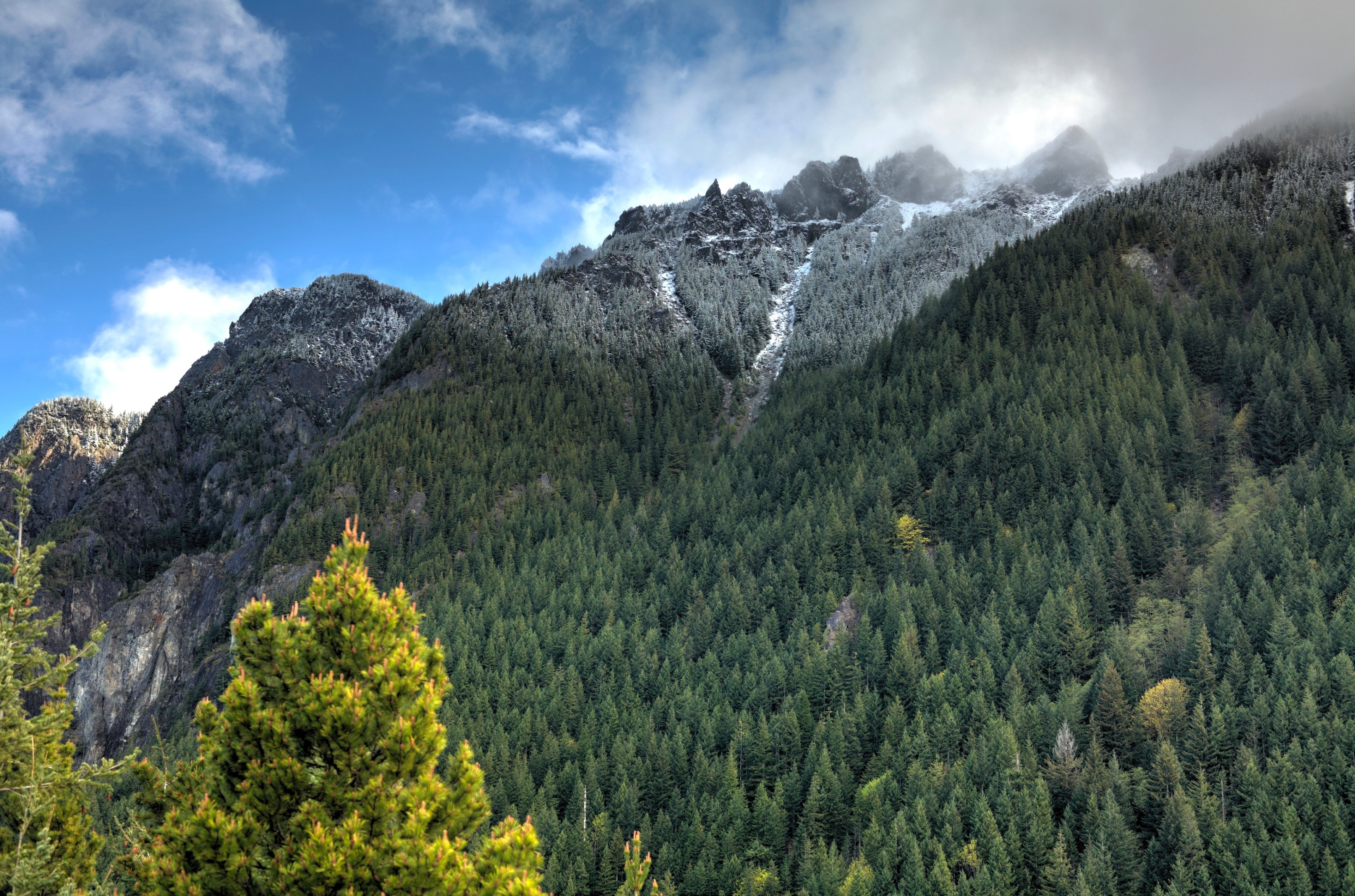 clouds gathering over the crest of a wooded mountain, cloud crested mountain 4k, HD Wallpaper
