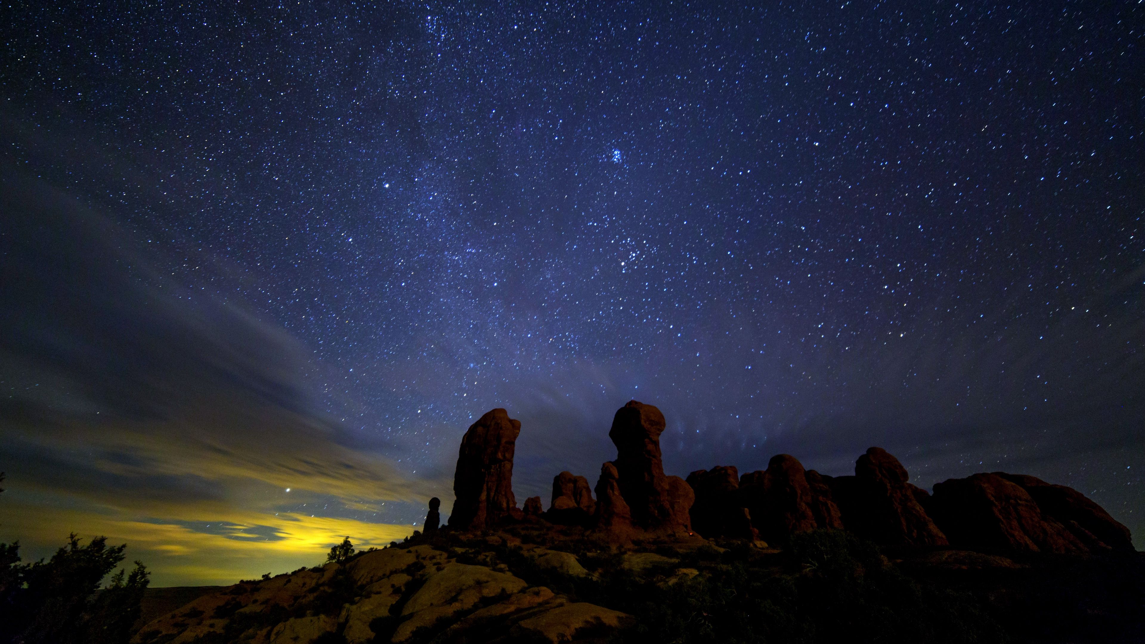 starry sky, stars, rocks, night, 4k, HD Wallpaper