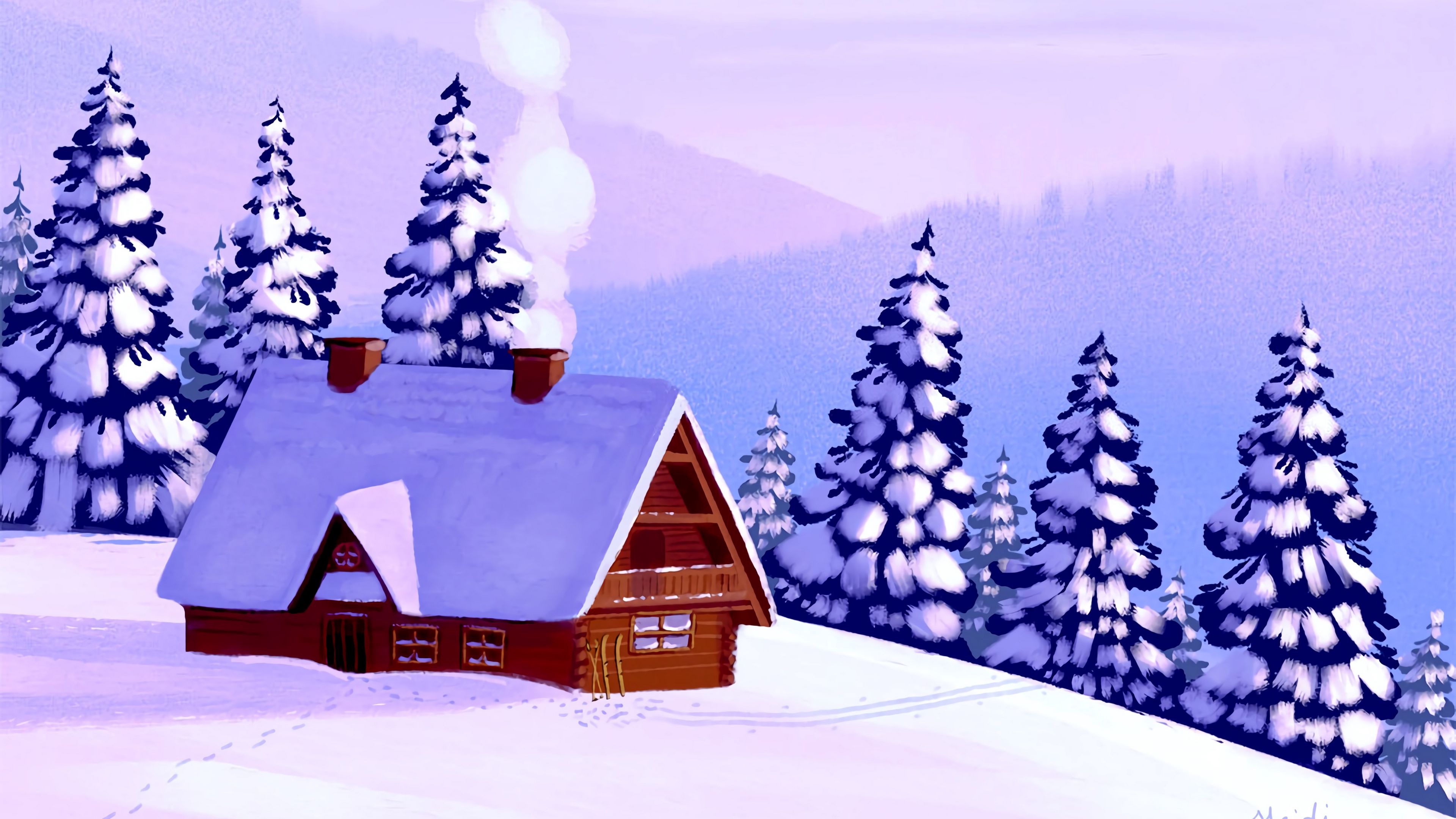 hut, forest, snow, art, 4k, HD Wallpaper