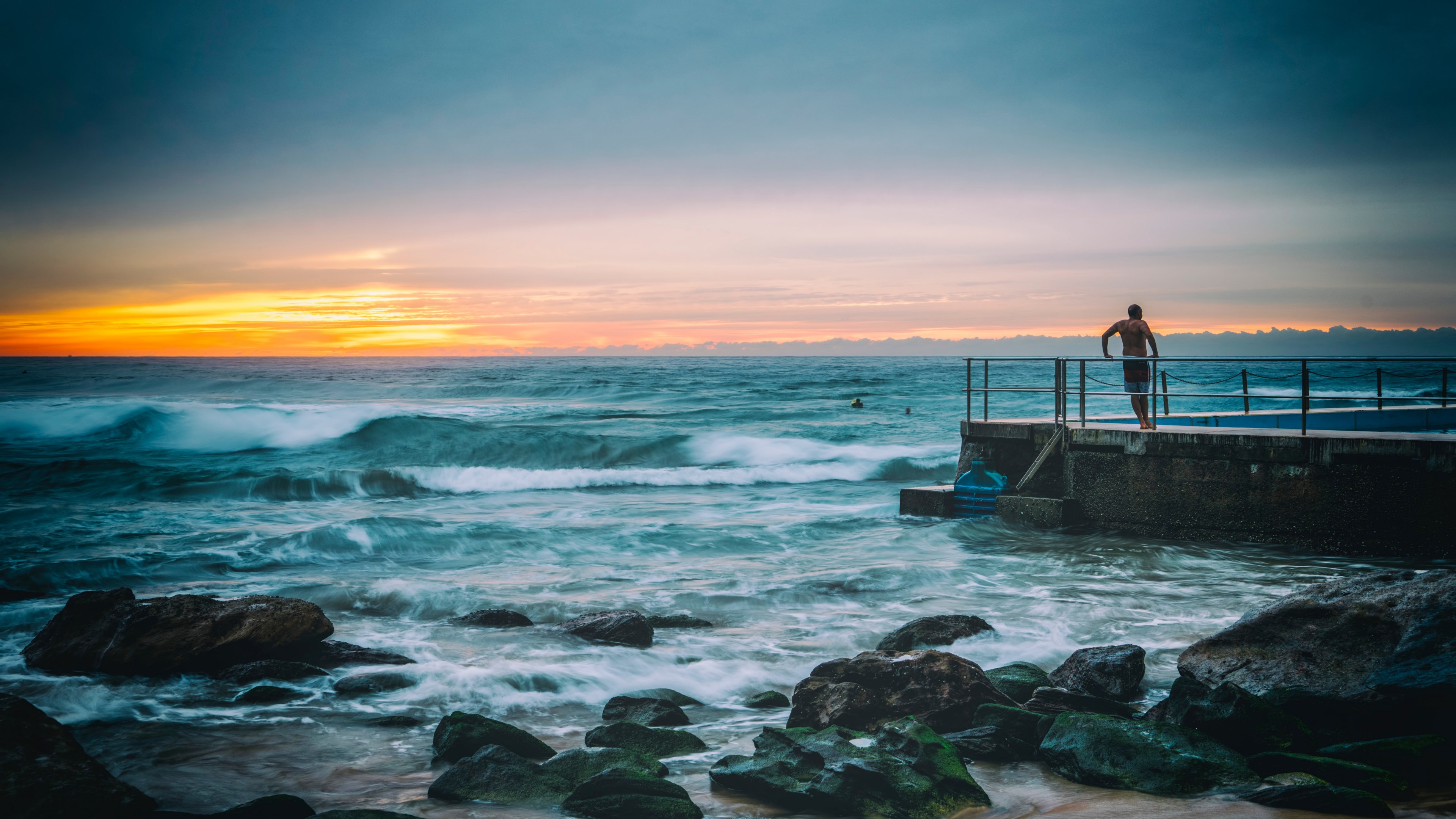 rock sunset sea and wafe 4k, HD Wallpaper