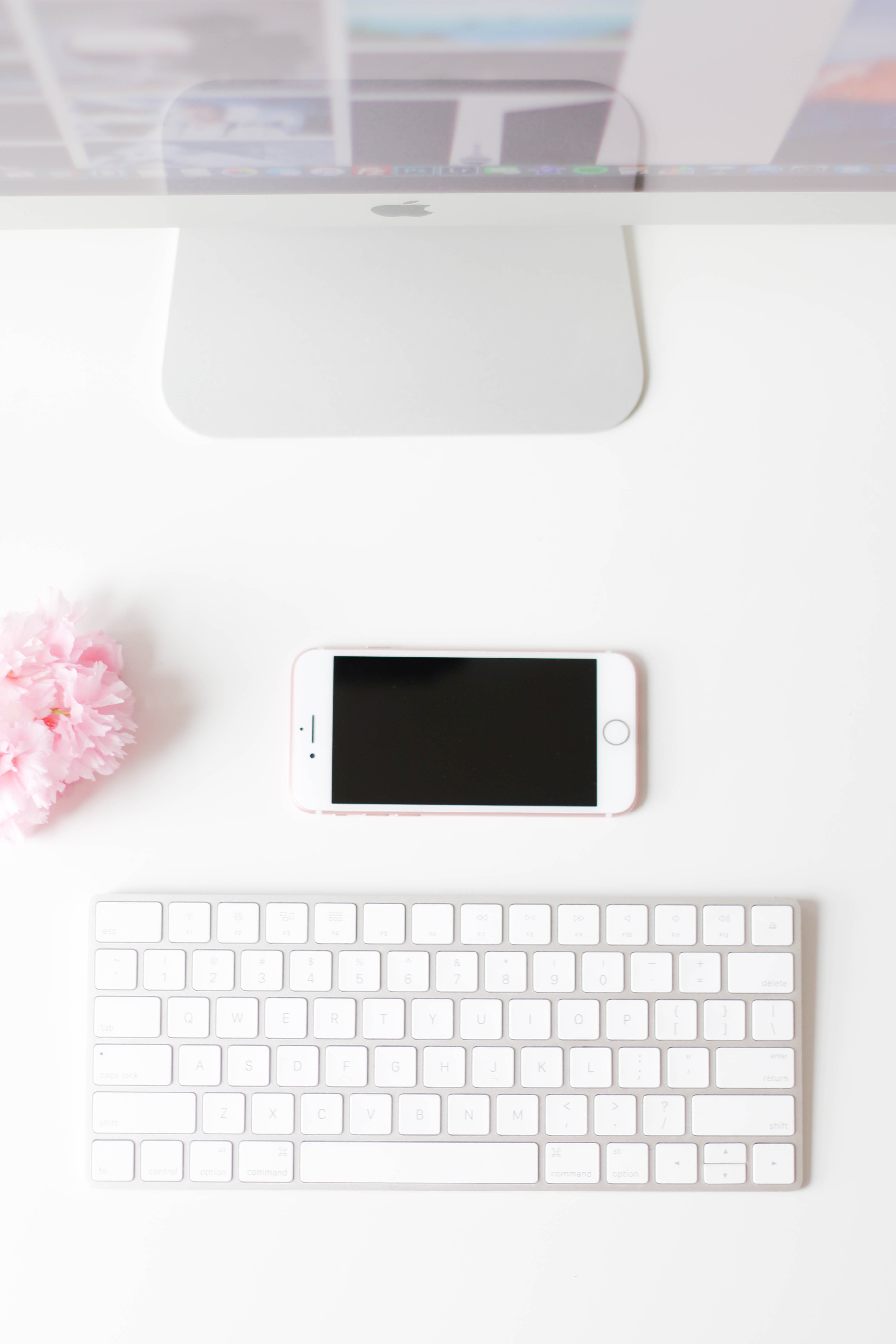 a flatlay image of a smartphone next to a mac monitor and keyboard, _her workspace 4k, Phone HD Wallpaper