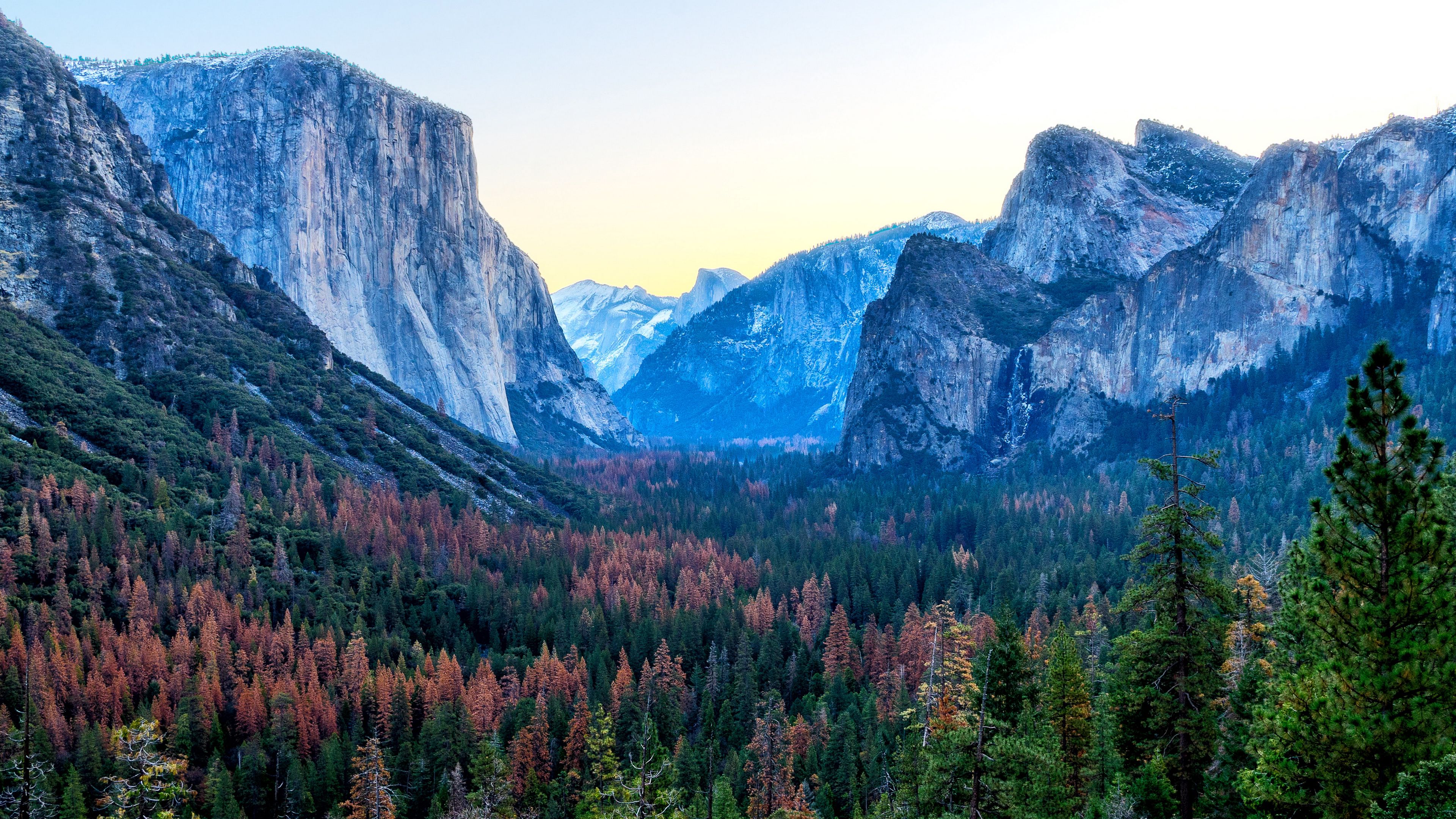 mountains, trees, distance, sky, 4k, HD Wallpaper