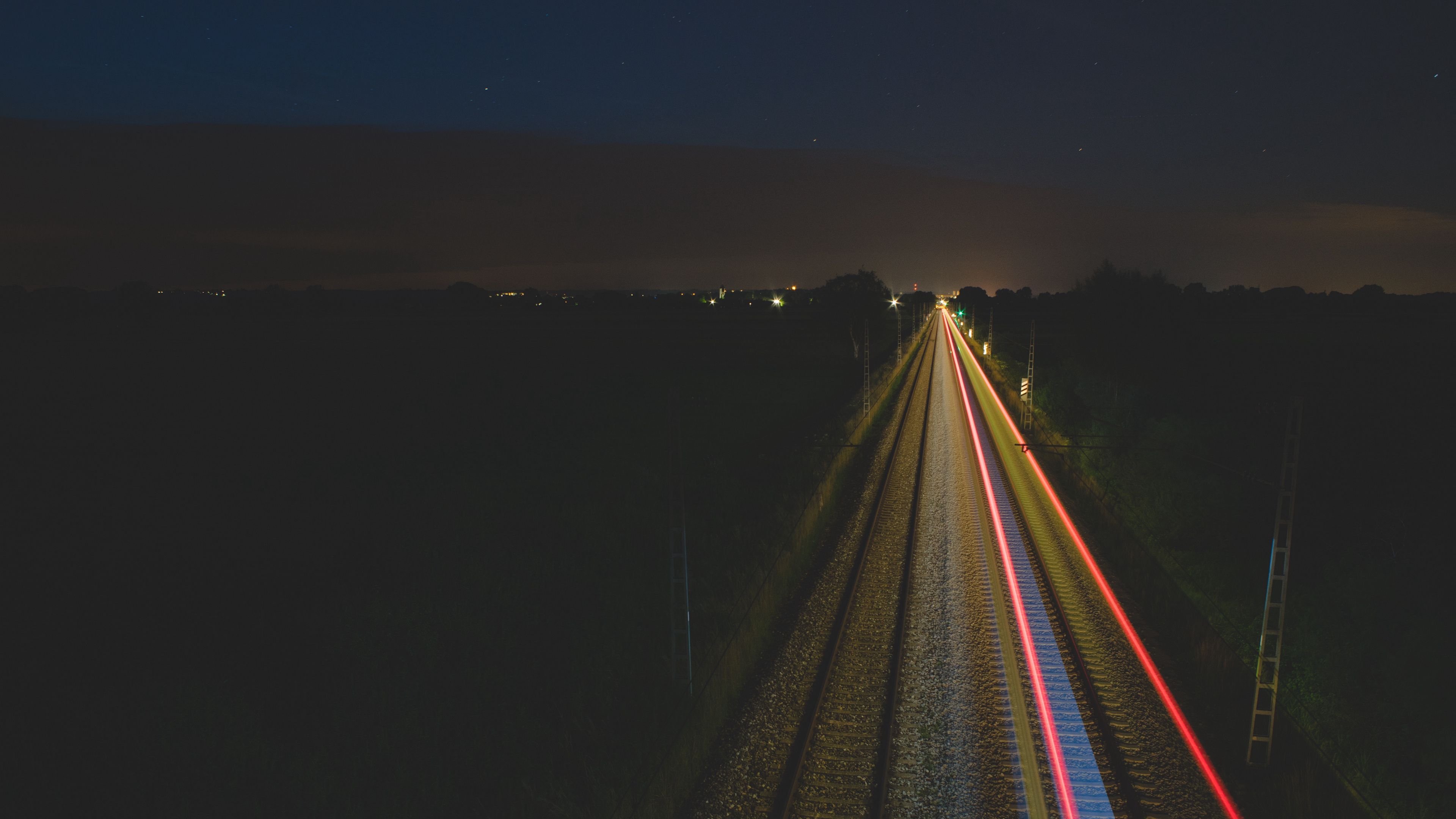 railway, night, backlight, 4k, HD Wallpaper