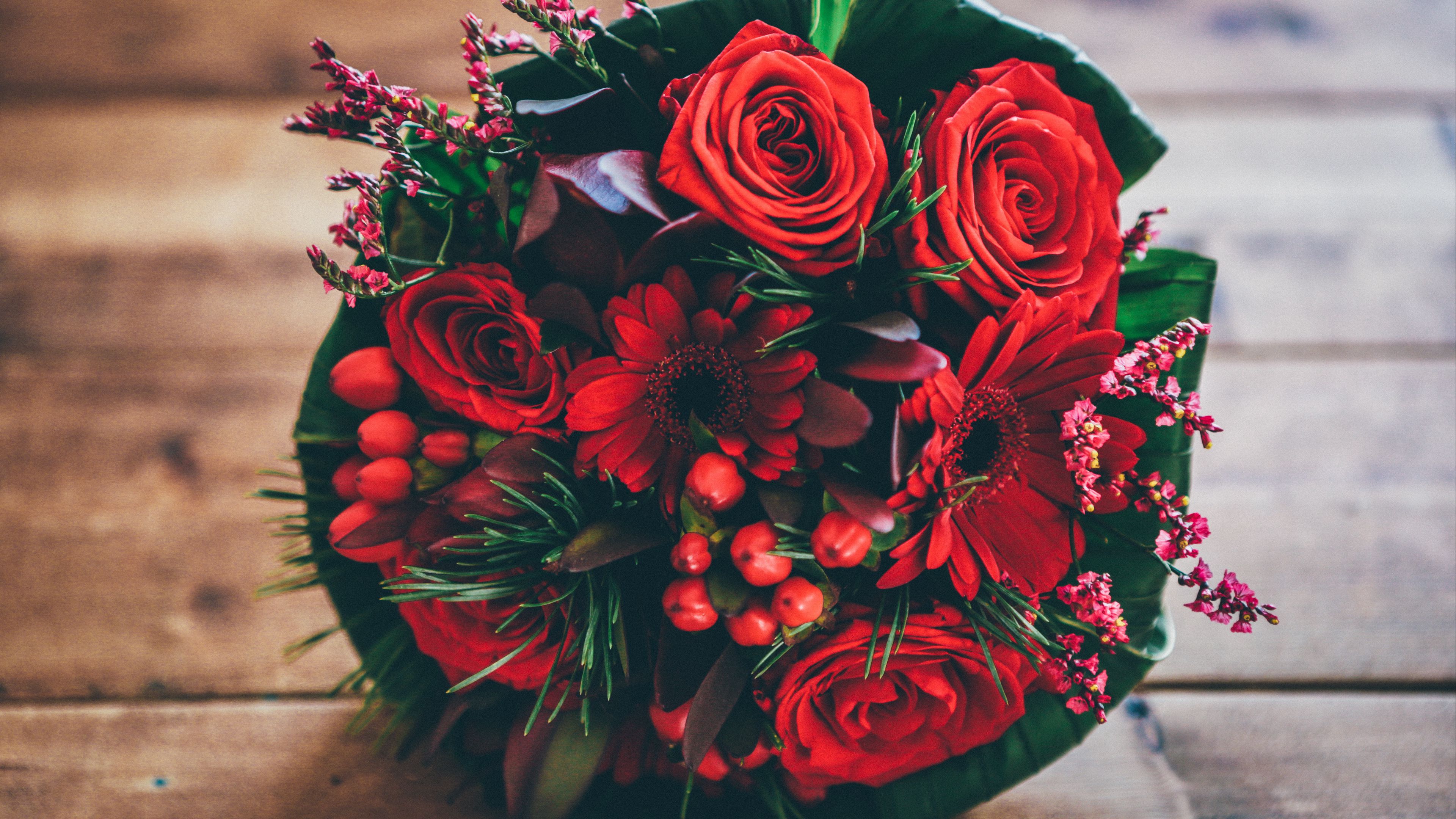 bouquet, flowers, roses, red, composition, 4k, HD Wallpaper