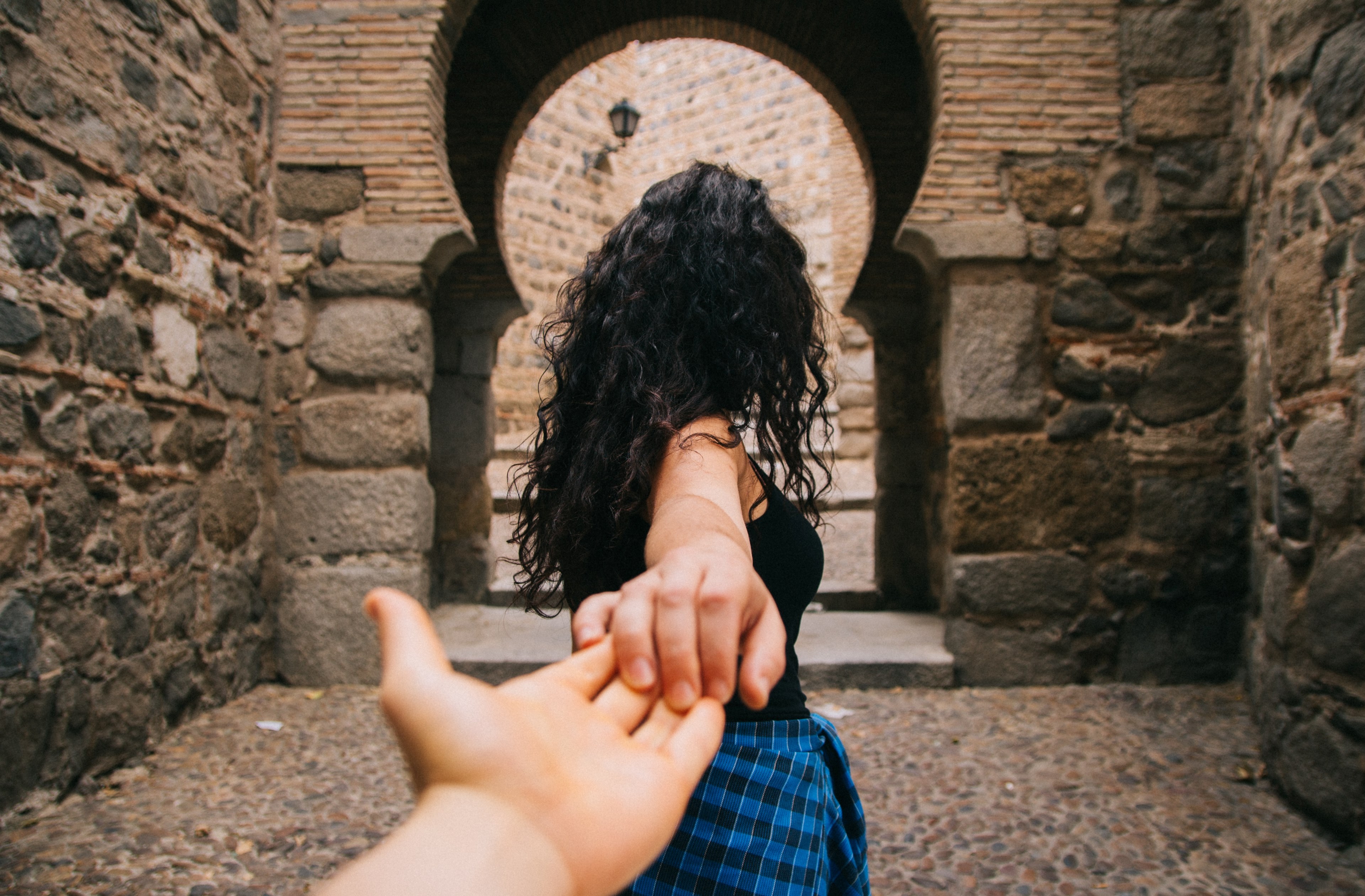 wall stone archway and woman 4k, HD Wallpaper