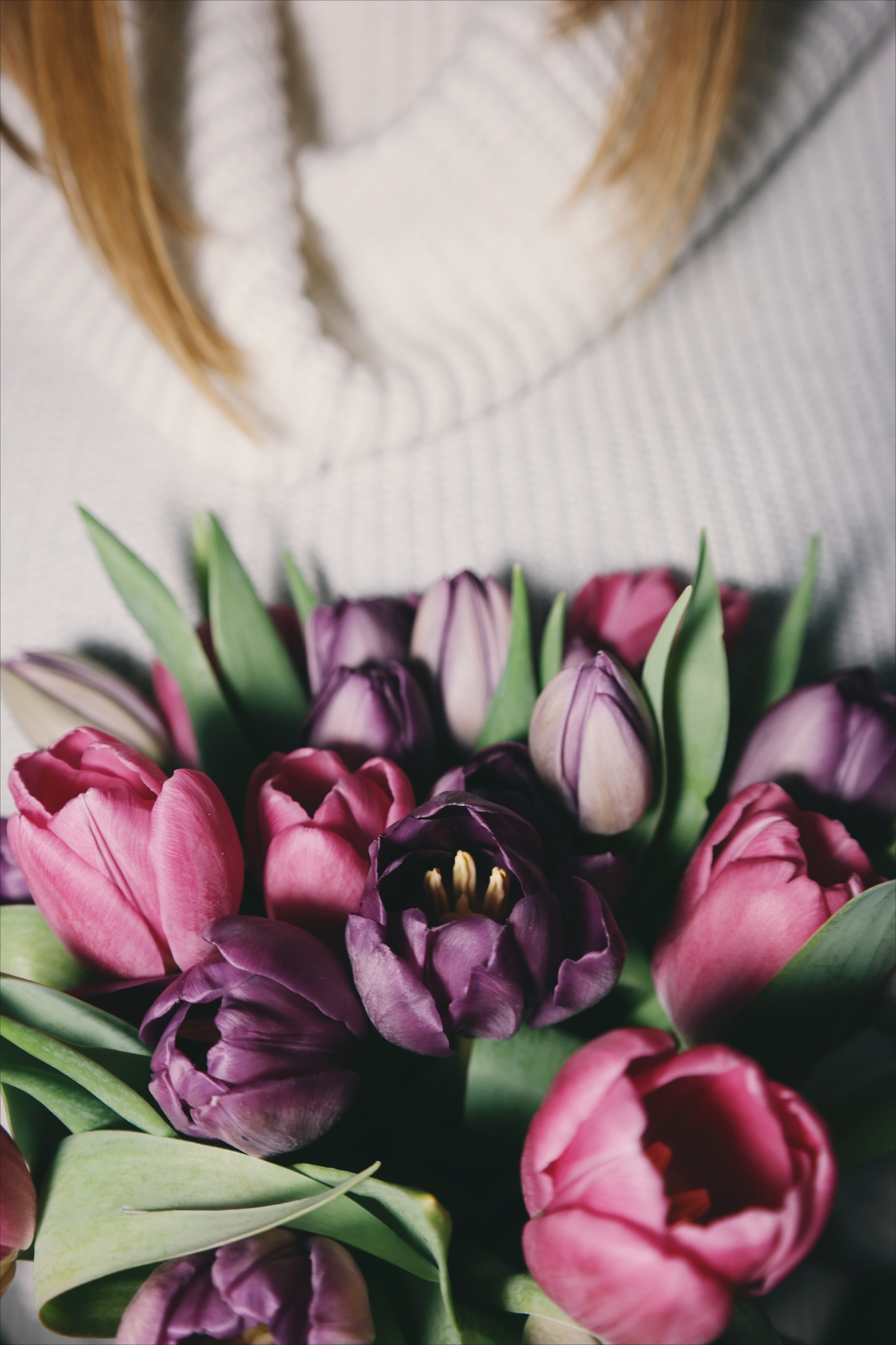 pink purple flower bouquet with blonde woman in white cowl neck jumper in background in spring, woman with purple tulips 4k, Phone HD Wallpaper