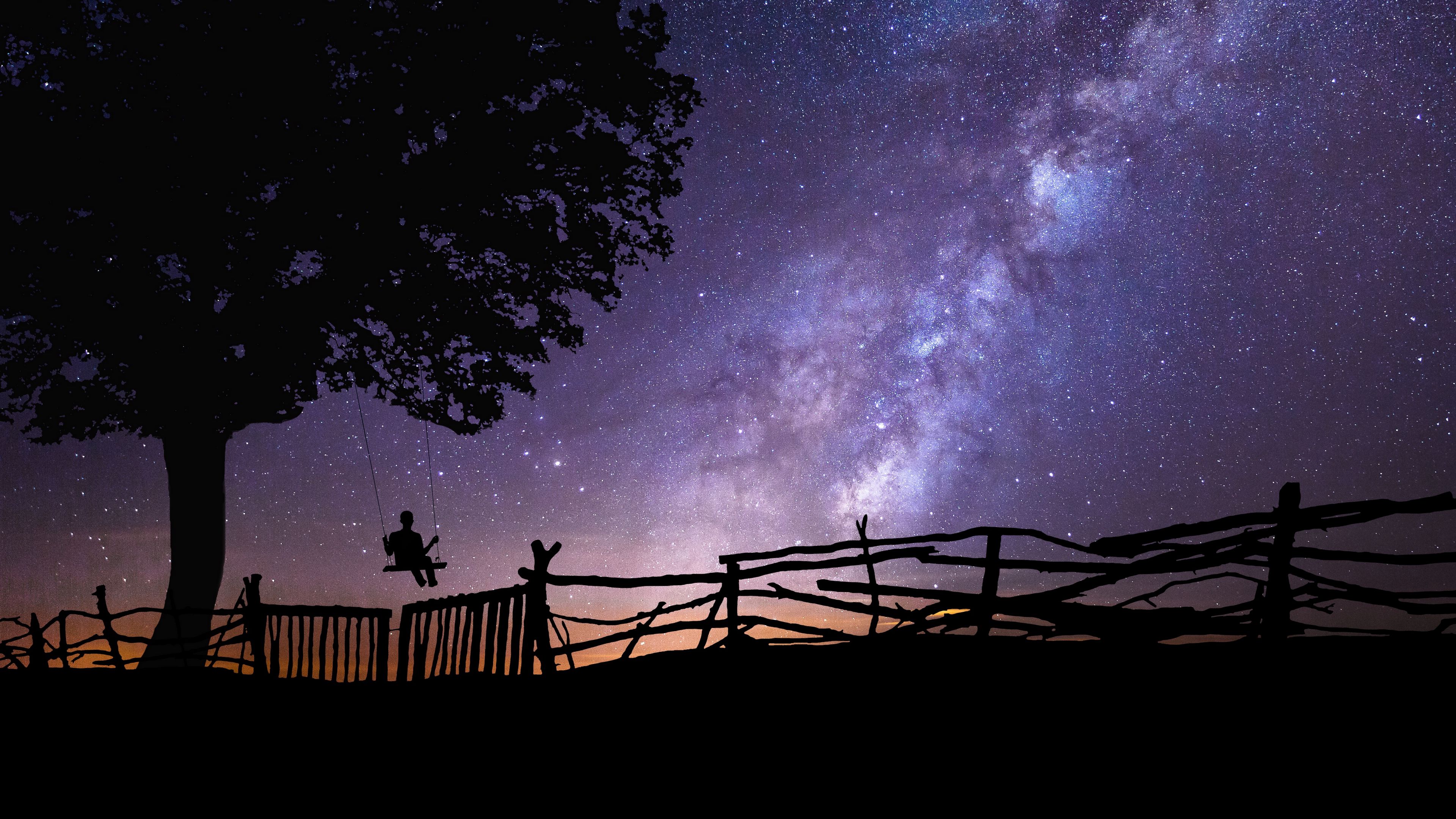 starry sky, silhouette, swing, tree, night, 4k, HD Wallpaper