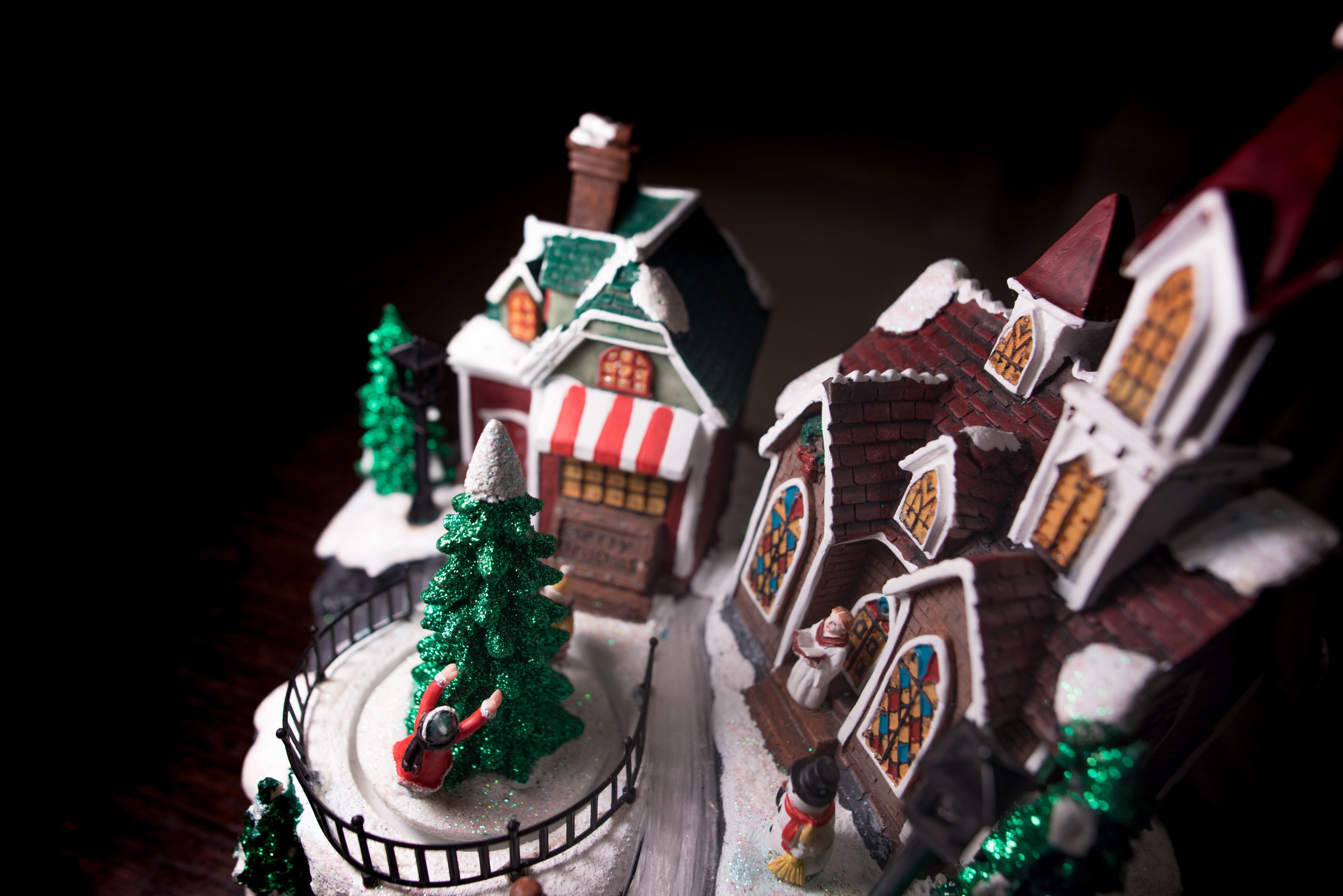 a model of the christmas holiday replete with church christmas tree snowman house and people, christmas holiday model 4k, HD Wallpaper