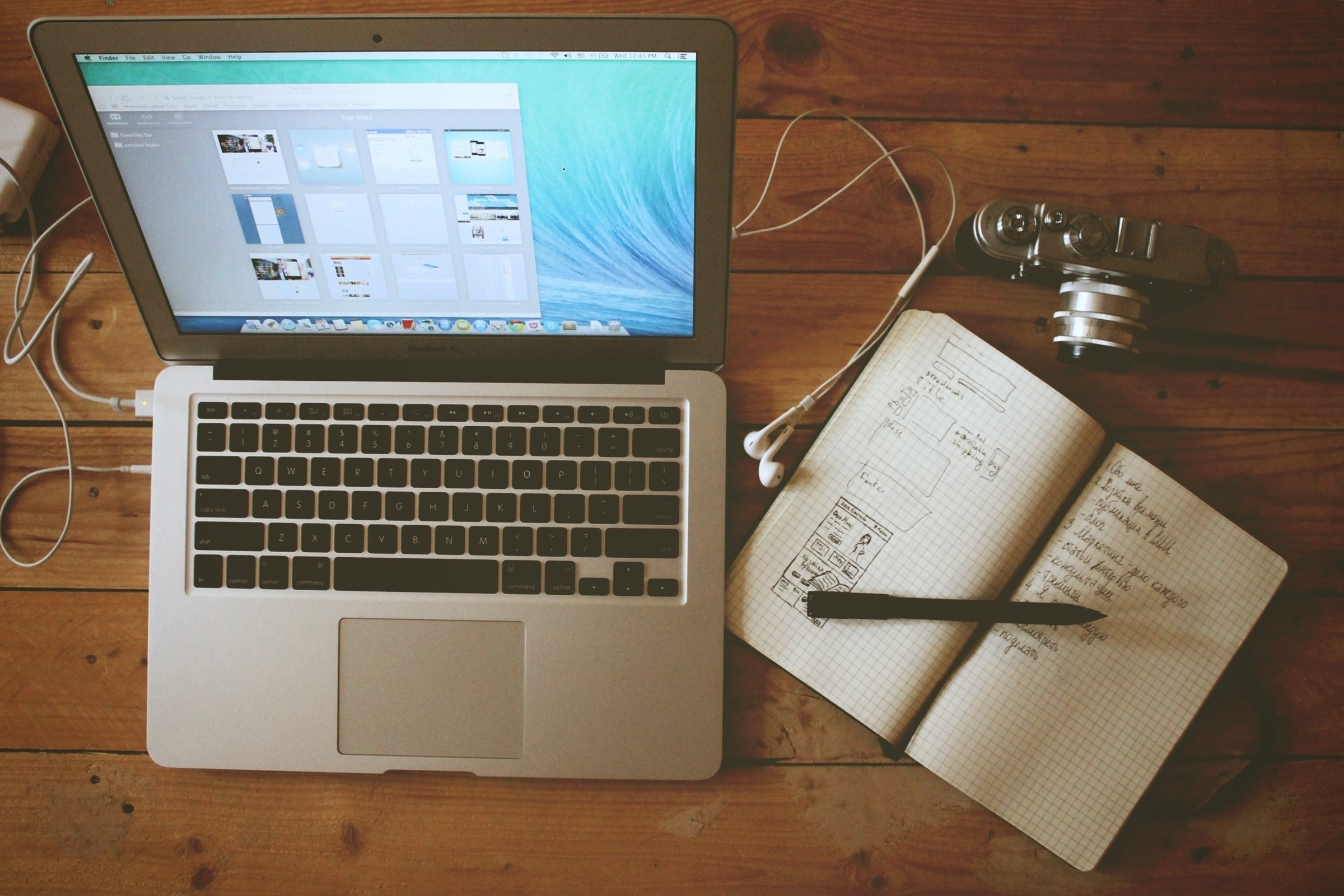 an overhead shot of a notebook and a pen next to a macbook and a camera, web designers notebook 4k, HD Wallpaper
