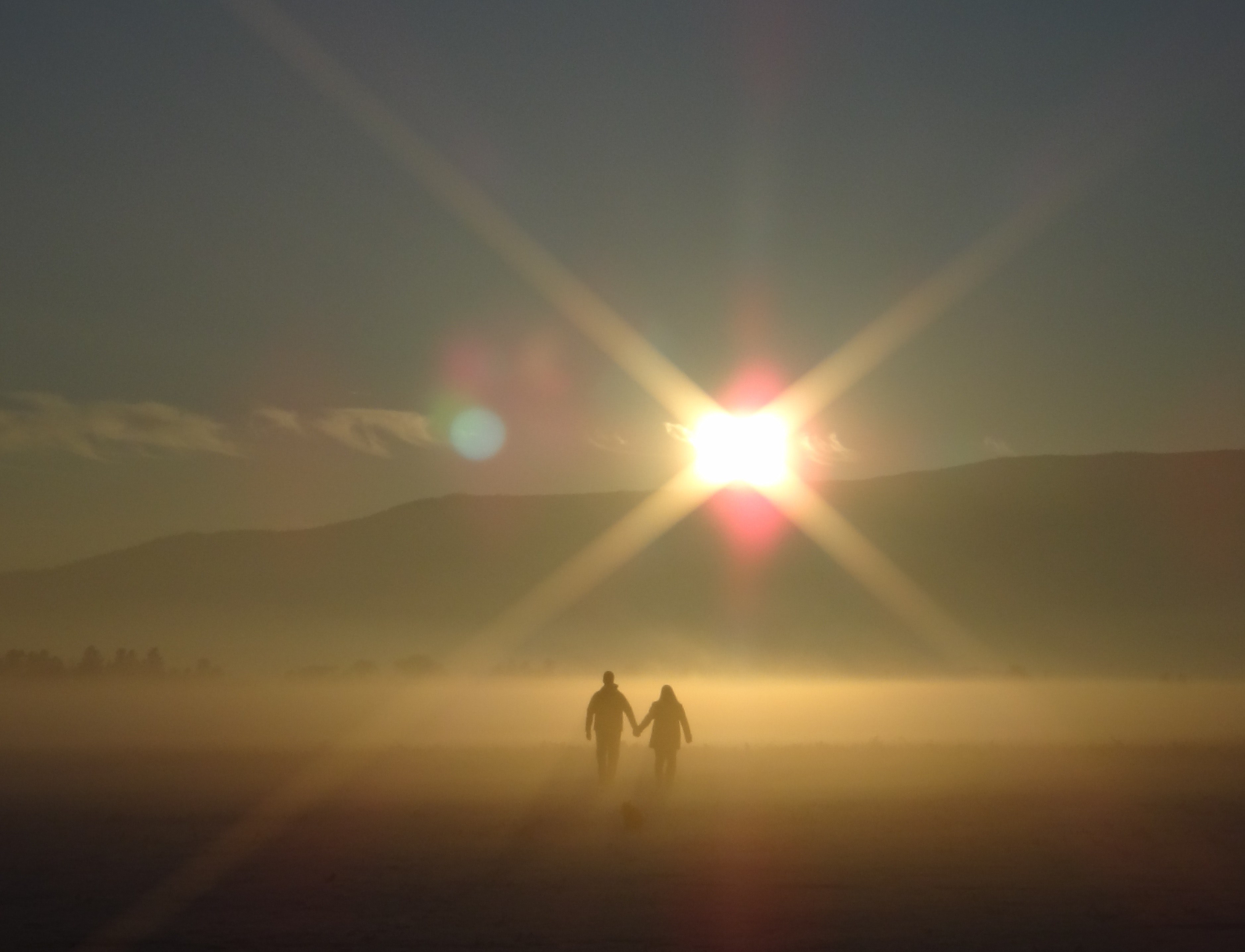 two people walking through a foggy area during sunset, foggy sunset walks 4k, HD Wallpaper