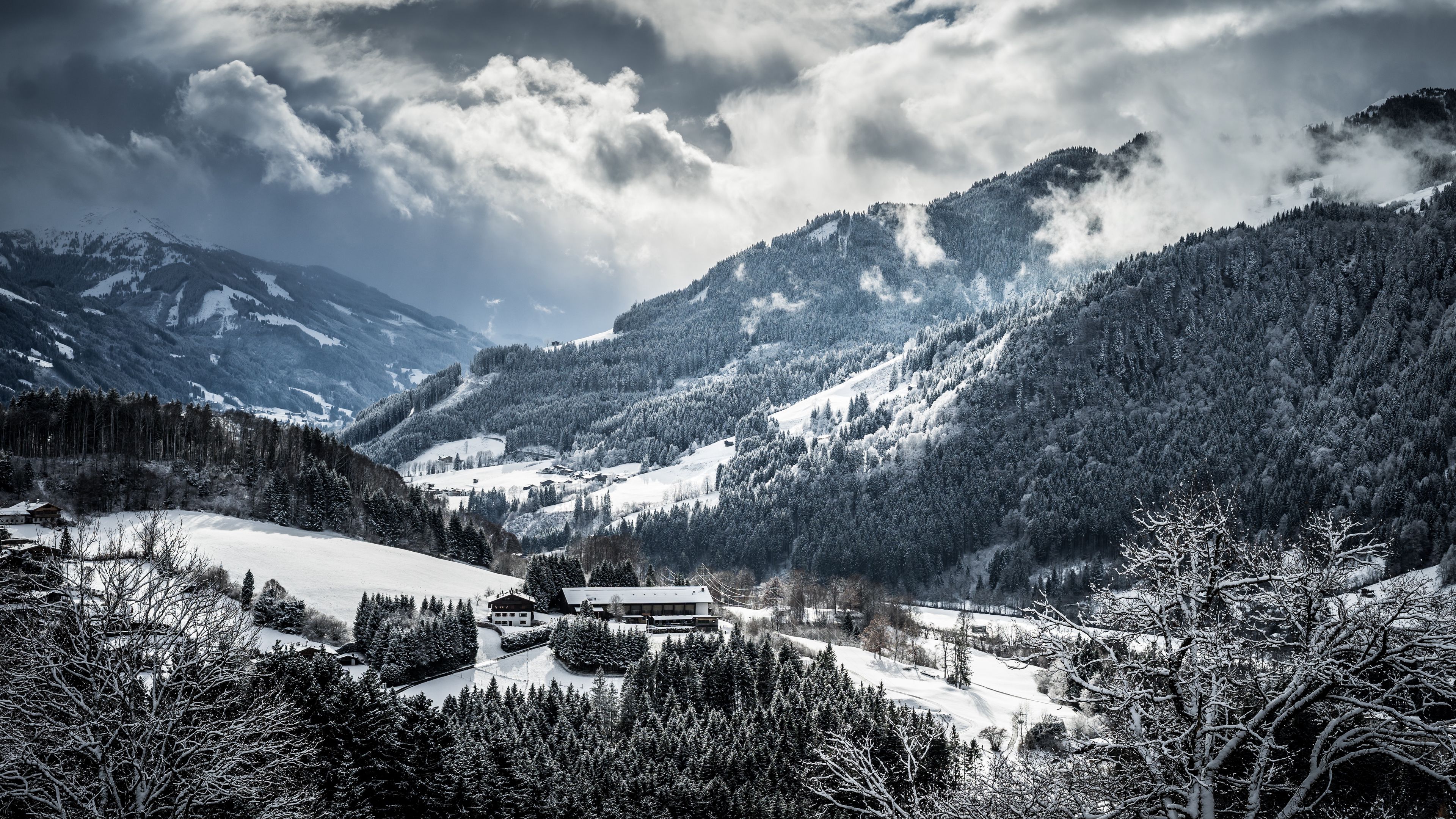 mountains, winter, snow, 4k, HD Wallpaper