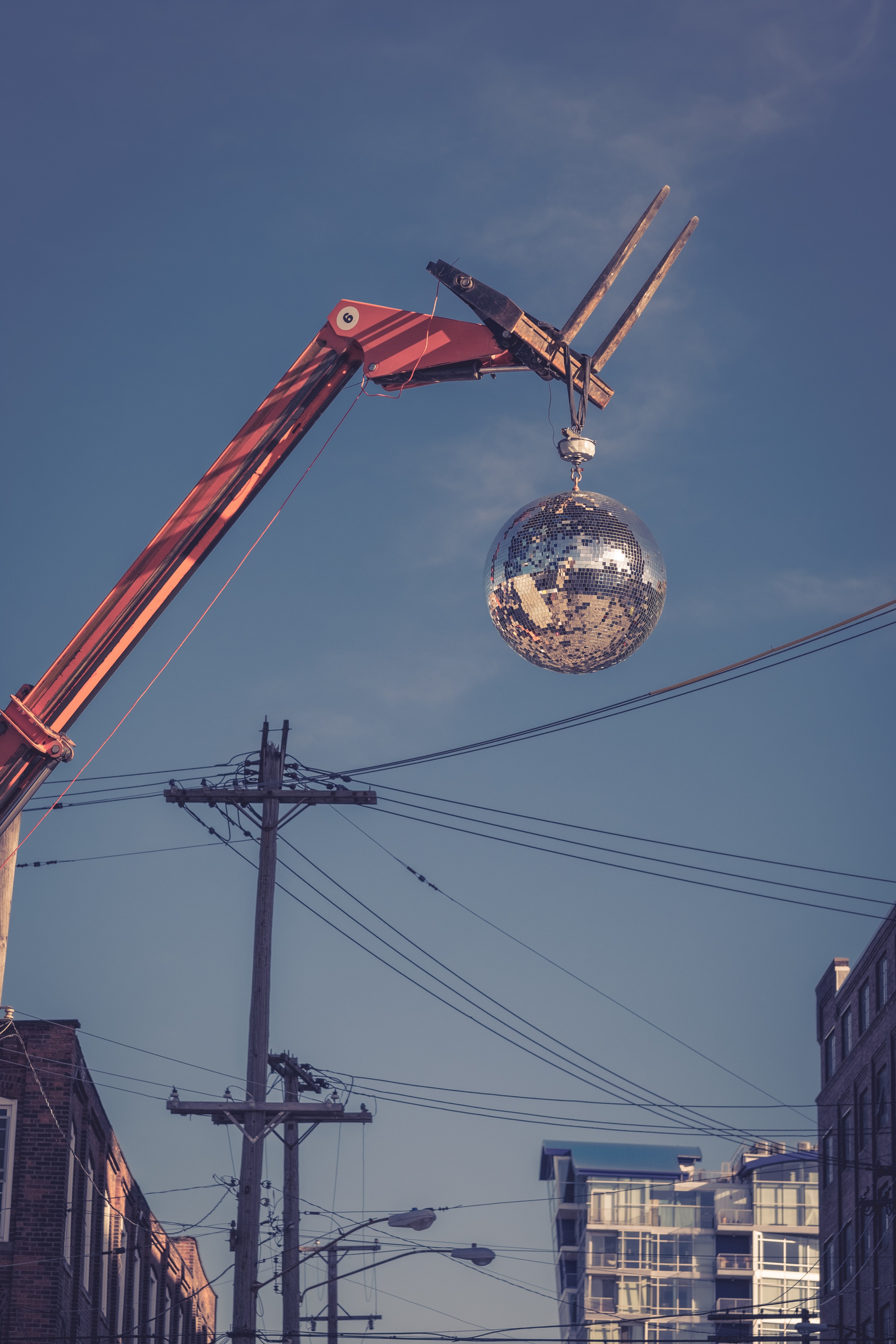 crane glitterball sky and wires hd, 4k, Phone HD Wallpaper
