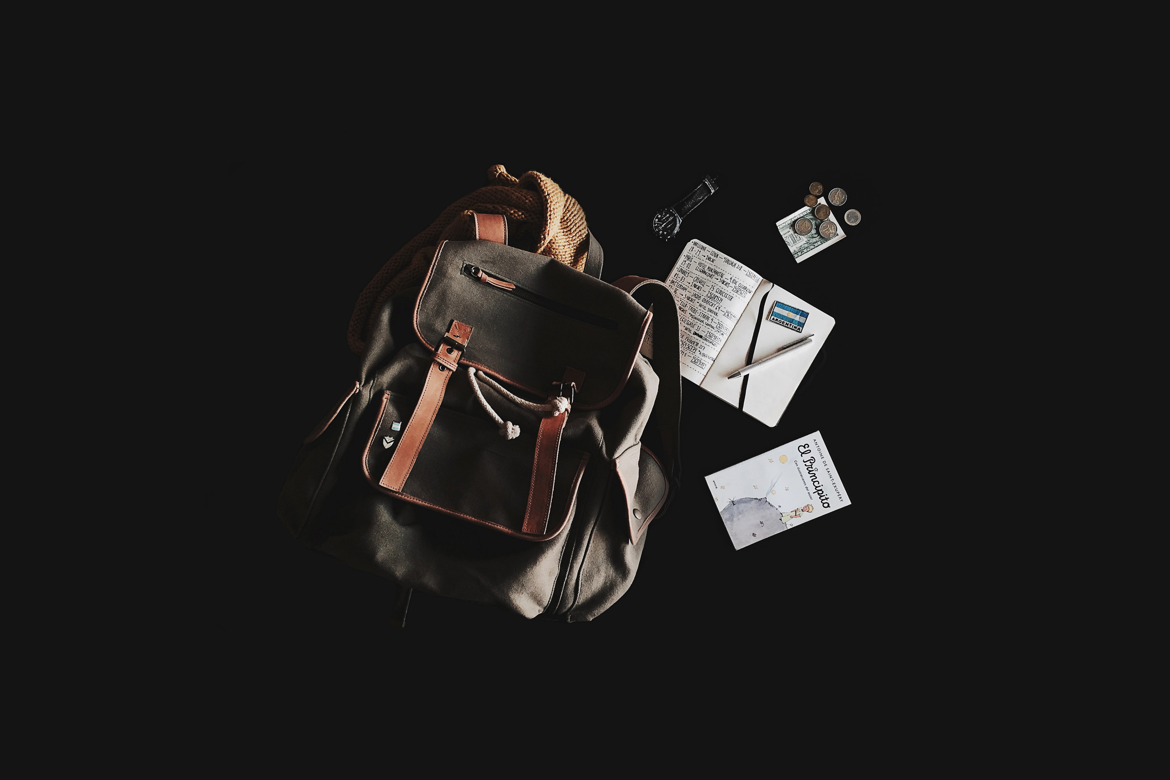 a backpack a watch a little prince book and coins against a black background, traveling flatlay 4k, HD Wallpaper
