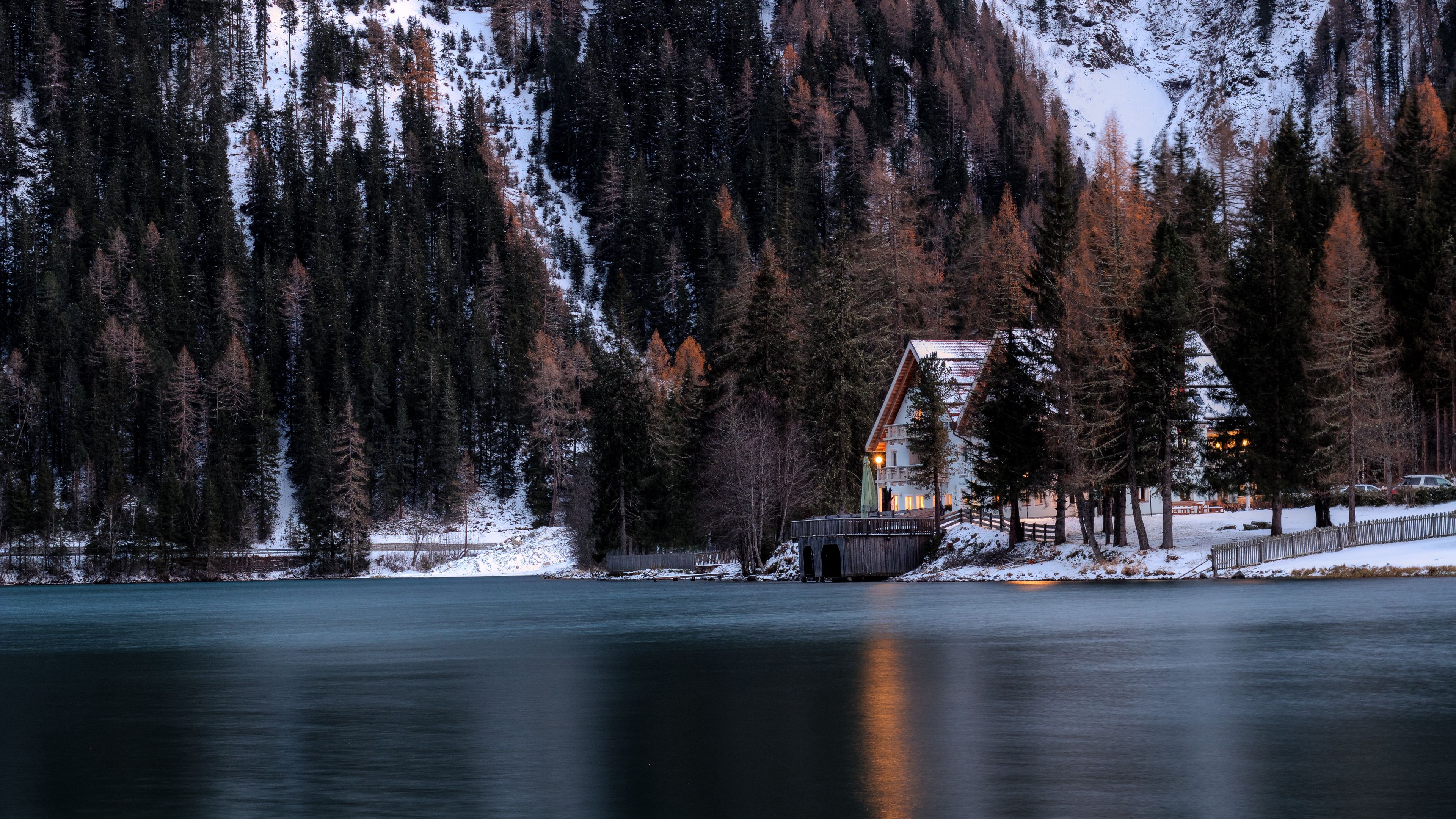 house, mountains, forest, snow, 4k, HD Wallpaper