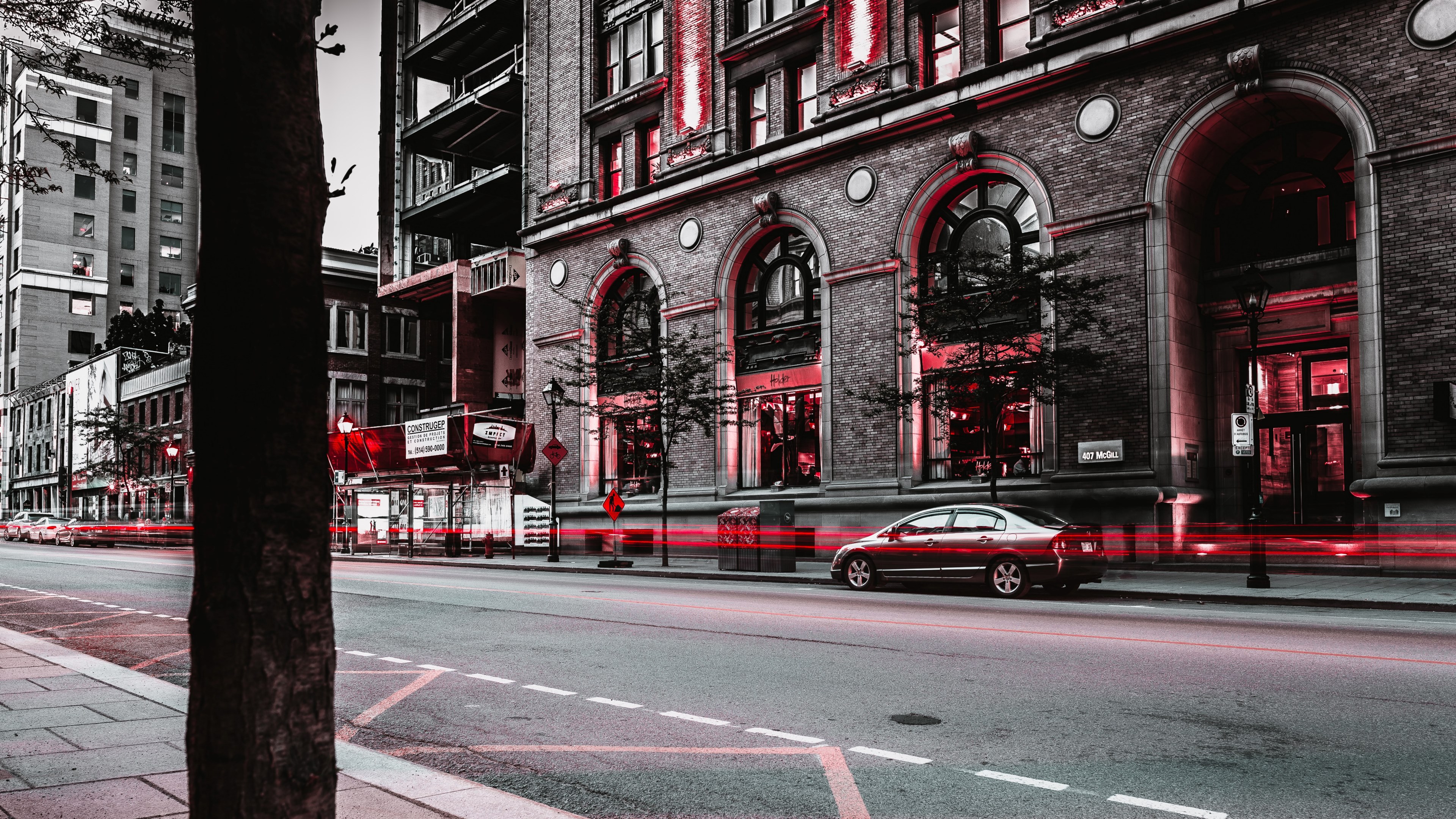 a classy shot of a city road in grey and red with subtle red light trails, red street light trails 4k, HD Wallpaper