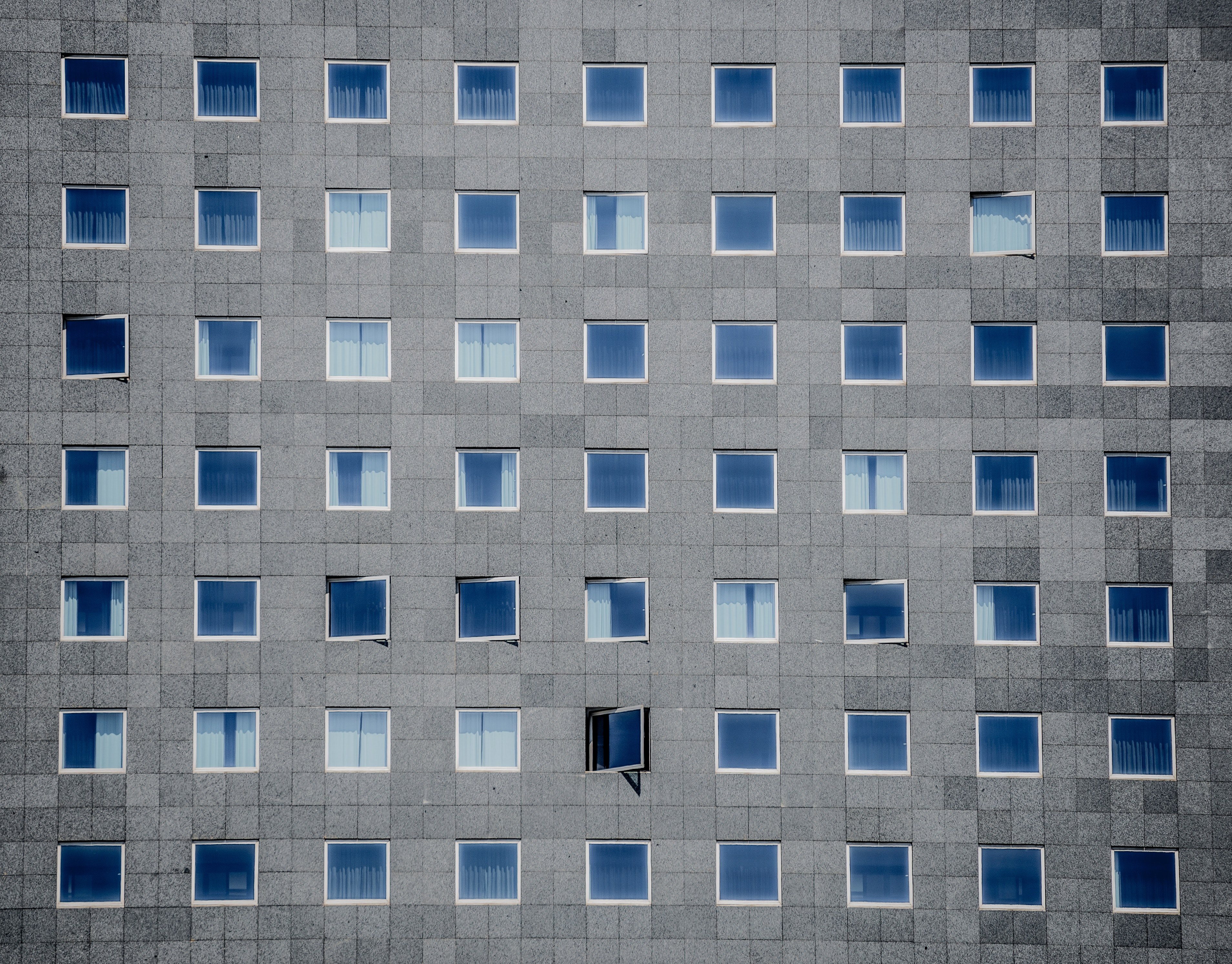 a regular arrangement of square windows in a gray tiled facade, square windows in gray facade 4k, HD Wallpaper