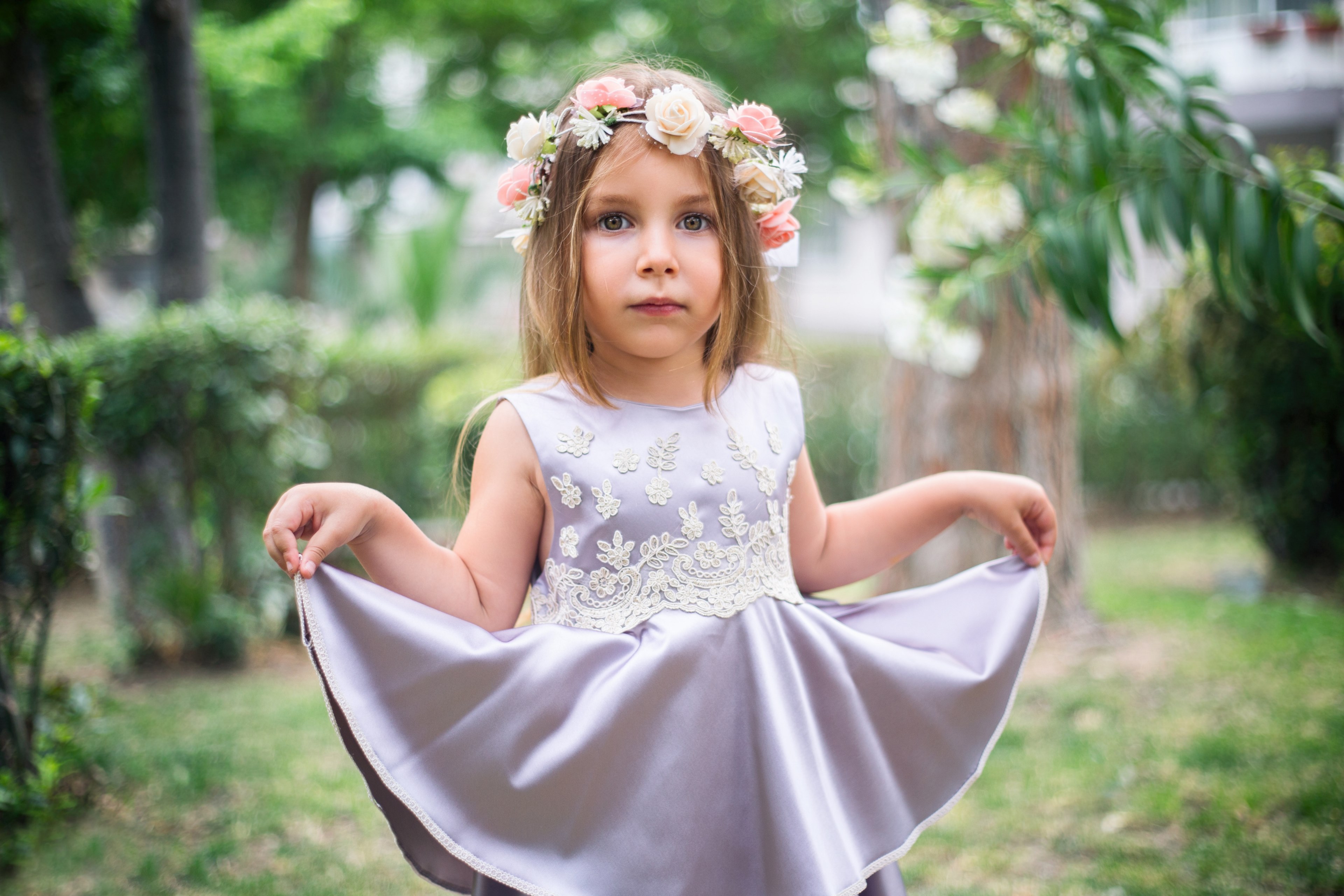 a little girl in a silk dress wearing a floral headband, kids is everything 4k, HD Wallpaper
