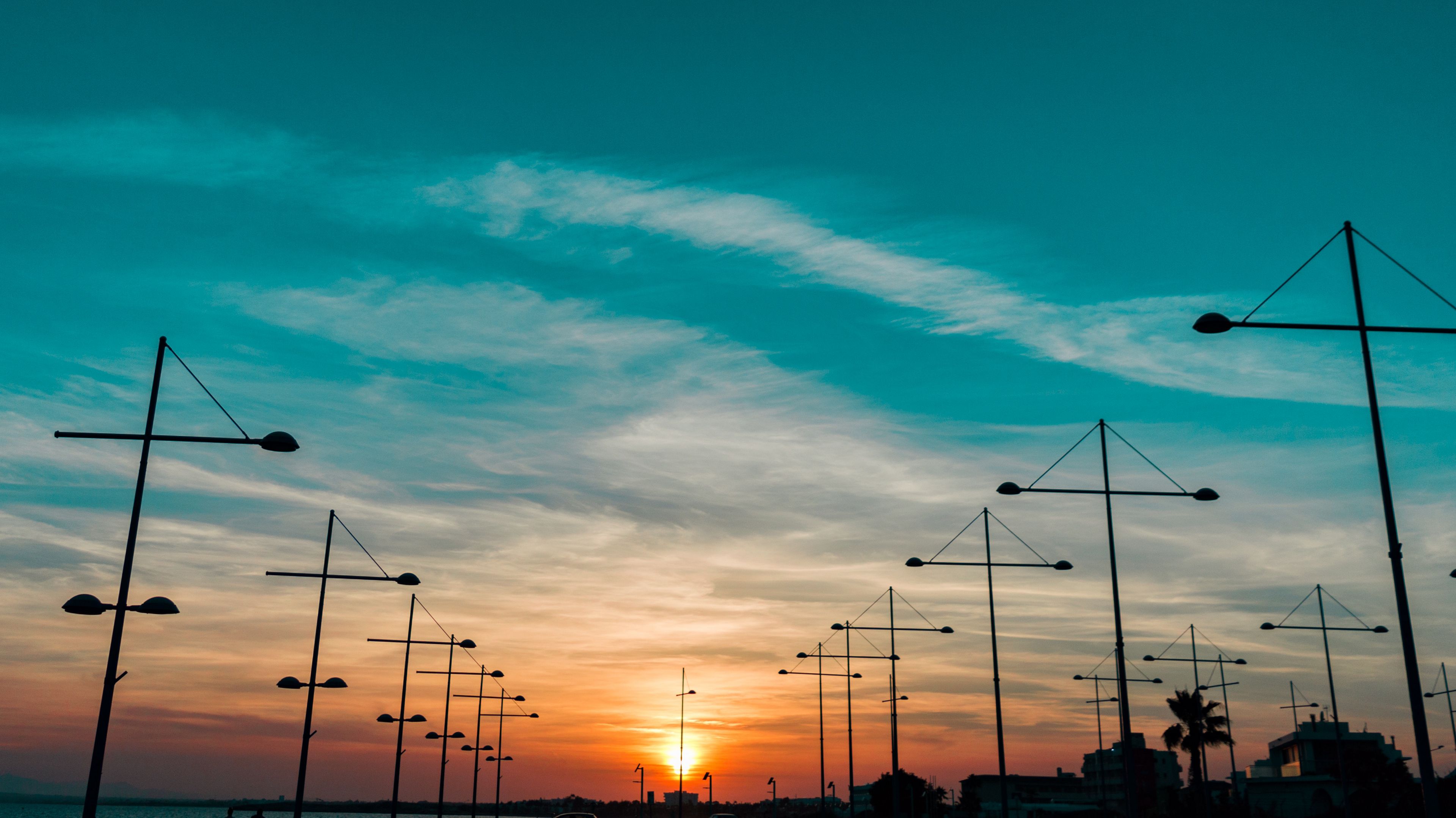 sky, sunset, pillars, horizon, 4k, HD Wallpaper