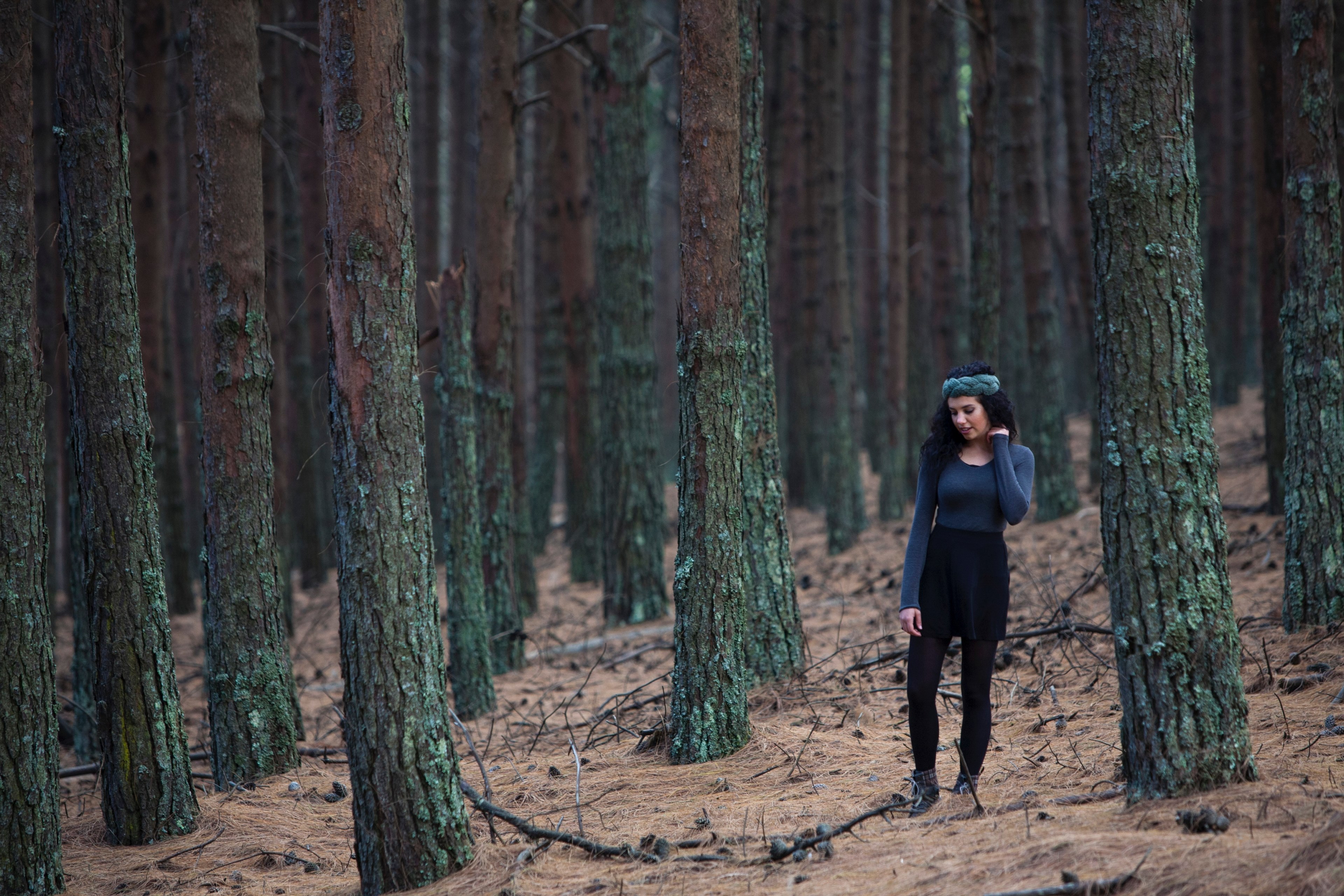a young woman walks on the needle covered floor of a pine forest, treading on needles 4k, HD Wallpaper