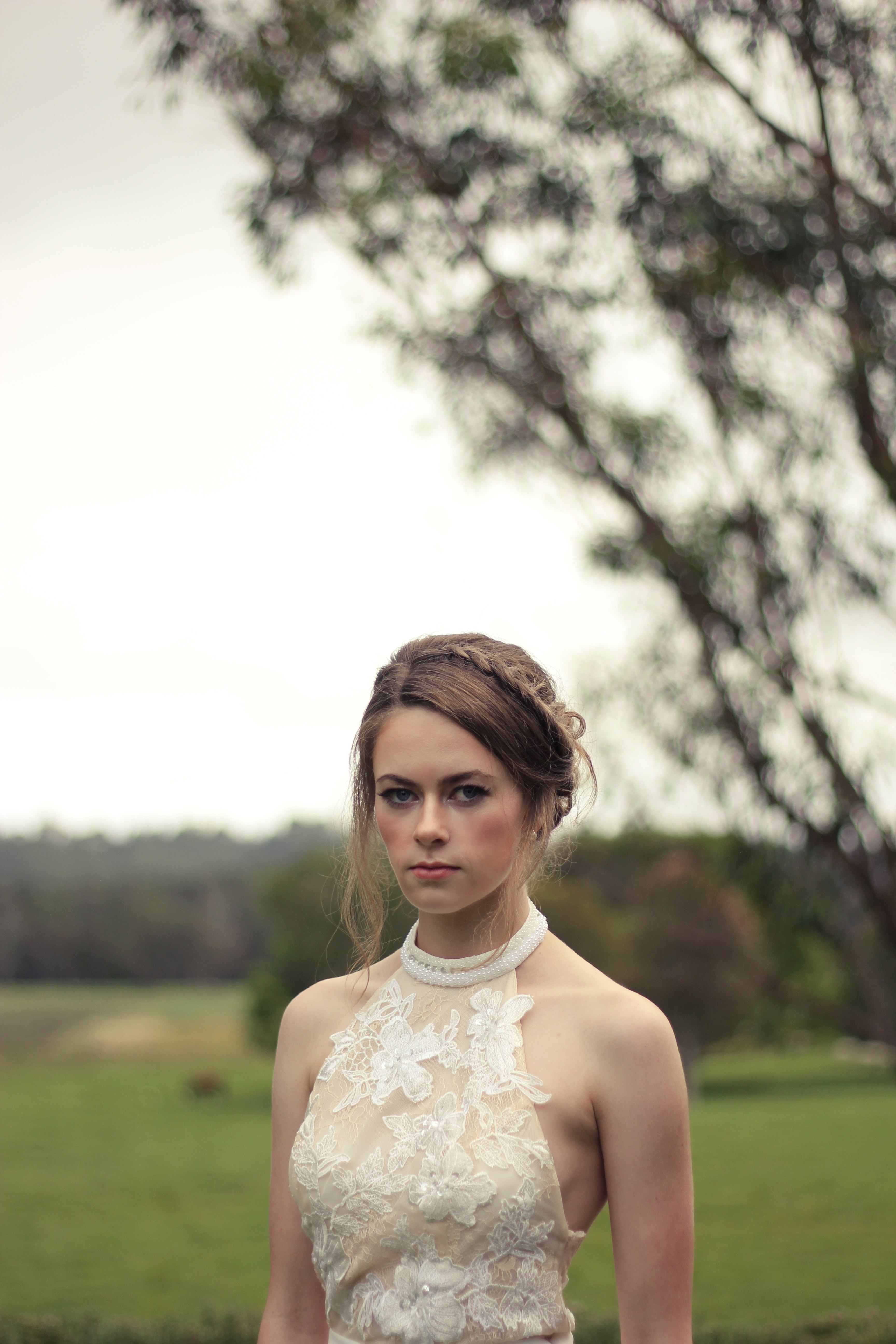 bride with a braided updo and lace wedding gown outside, country chic wedding 4k, Phone HD Wallpaper