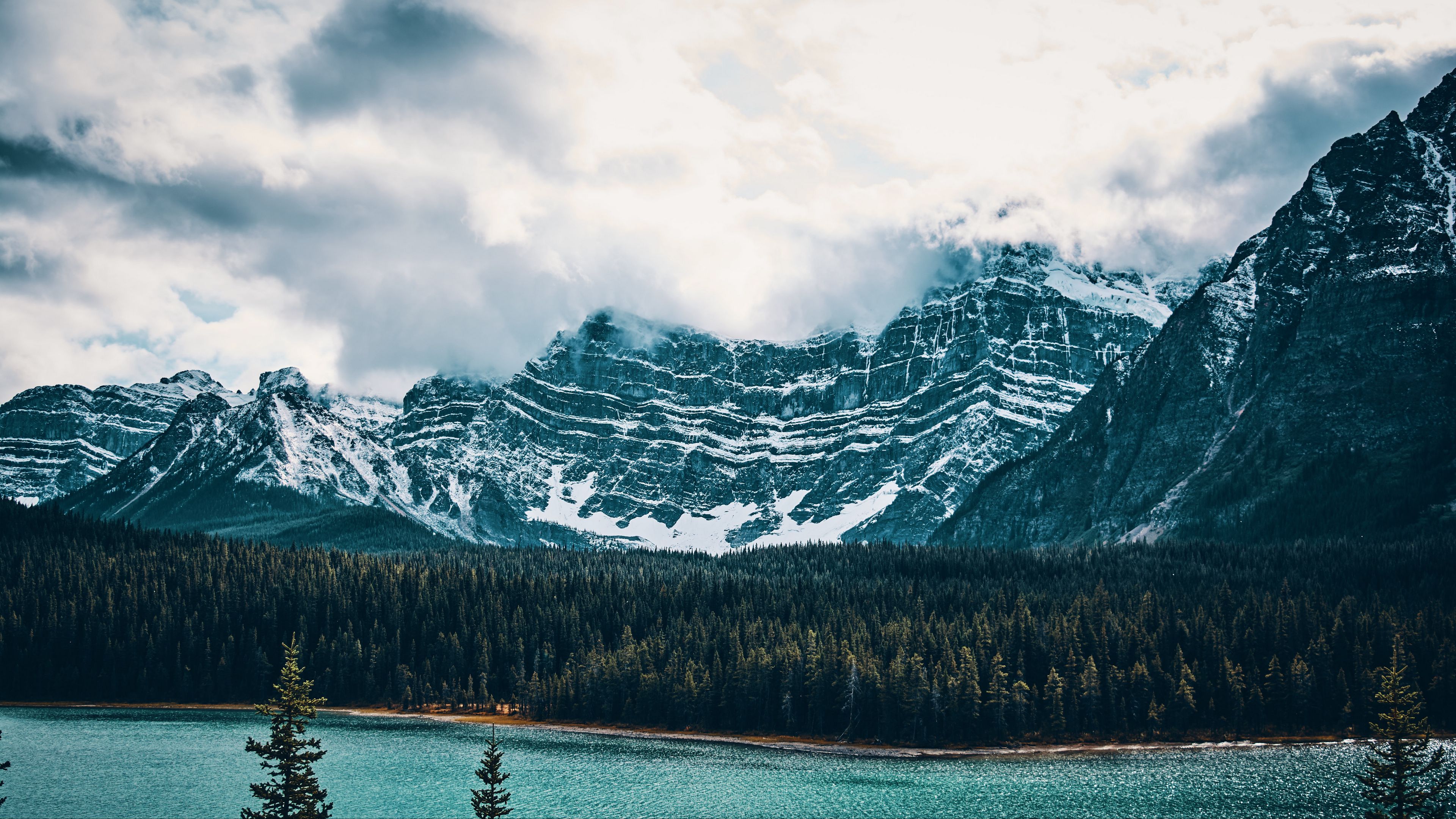 mountains, lake, tops, trees, 4k, HD Wallpaper