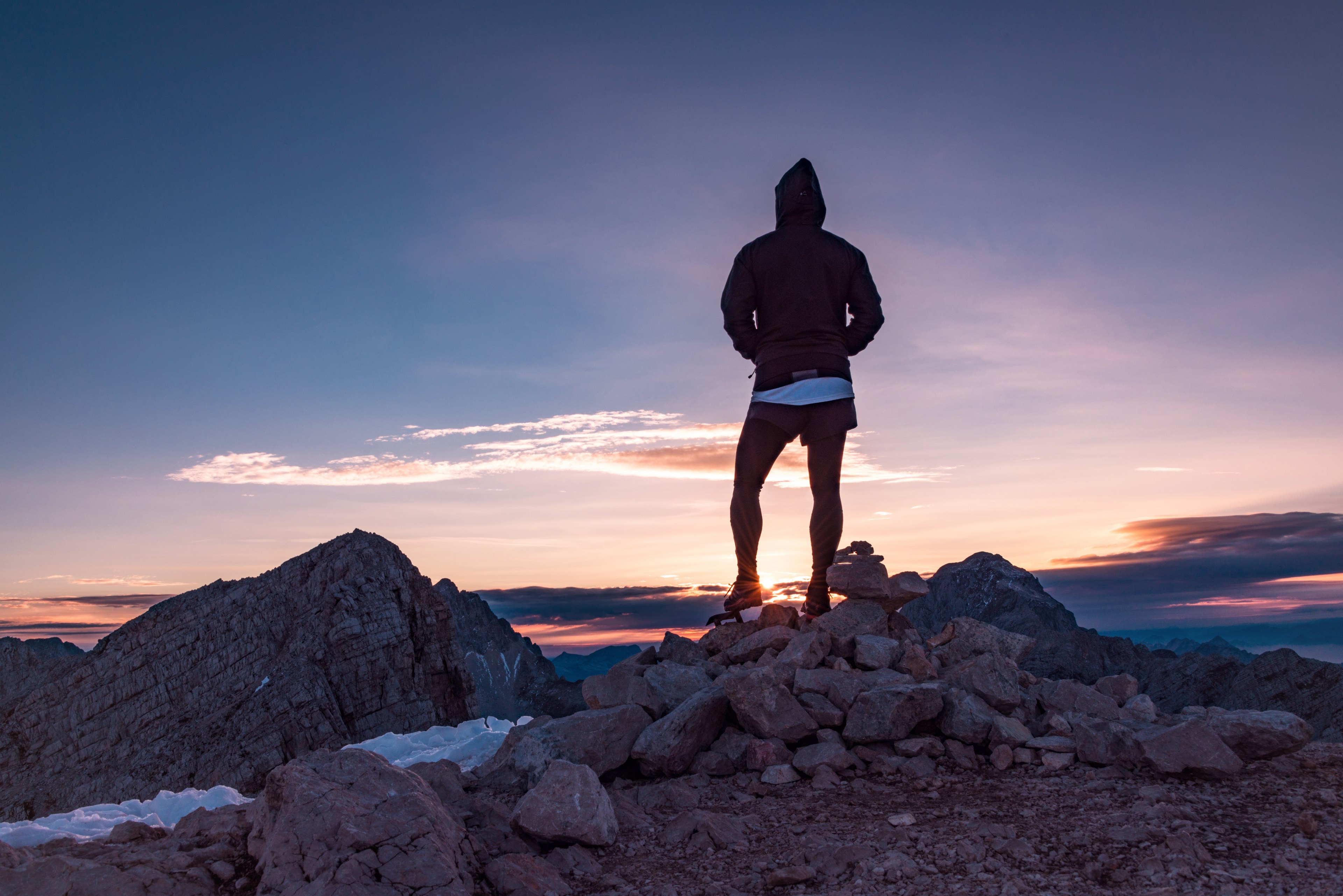 a person standing atop mala mojstrovka mountain in slovenia watching the sunset, watching the mountain sunset 4k, HD Wallpaper