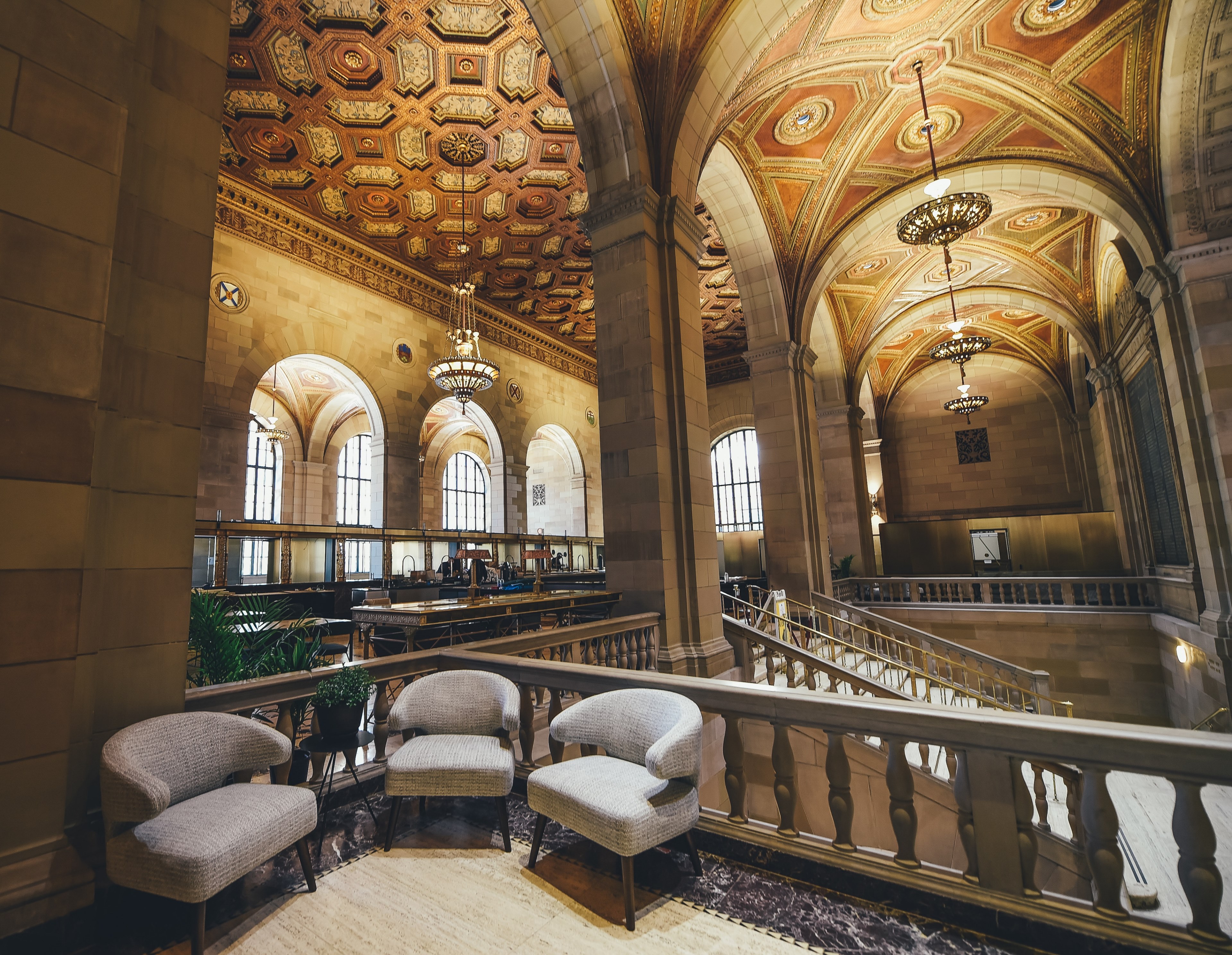 three small chairs on a terrace in a building with high ornamental ceilings, chairs in an elegant building 4k, HD Wallpaper