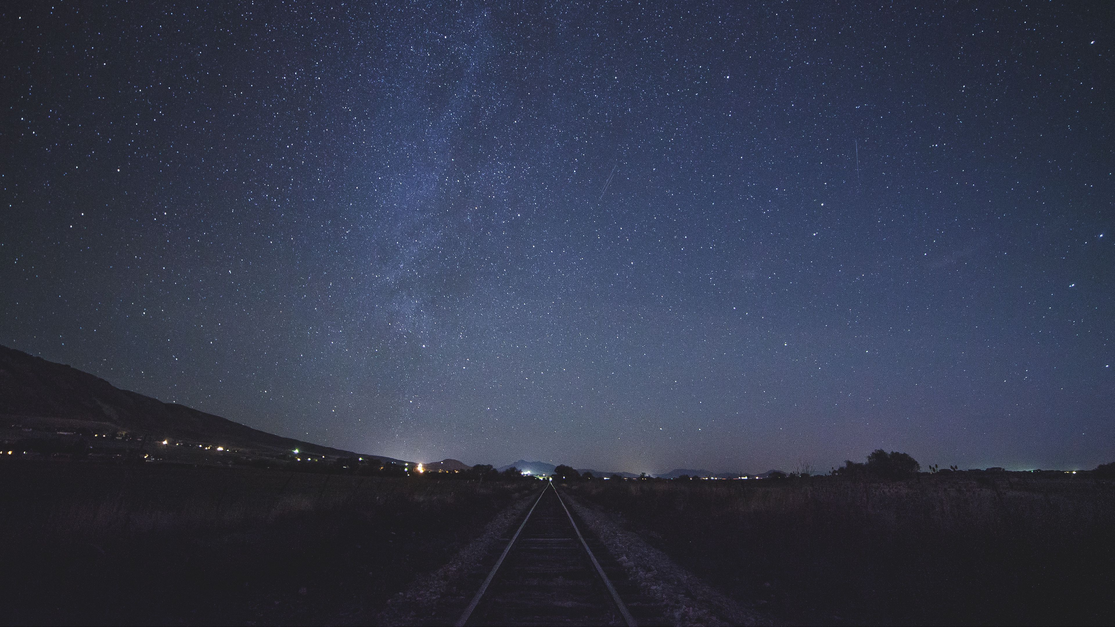 starry sky, railway, sky, 4k, HD Wallpaper