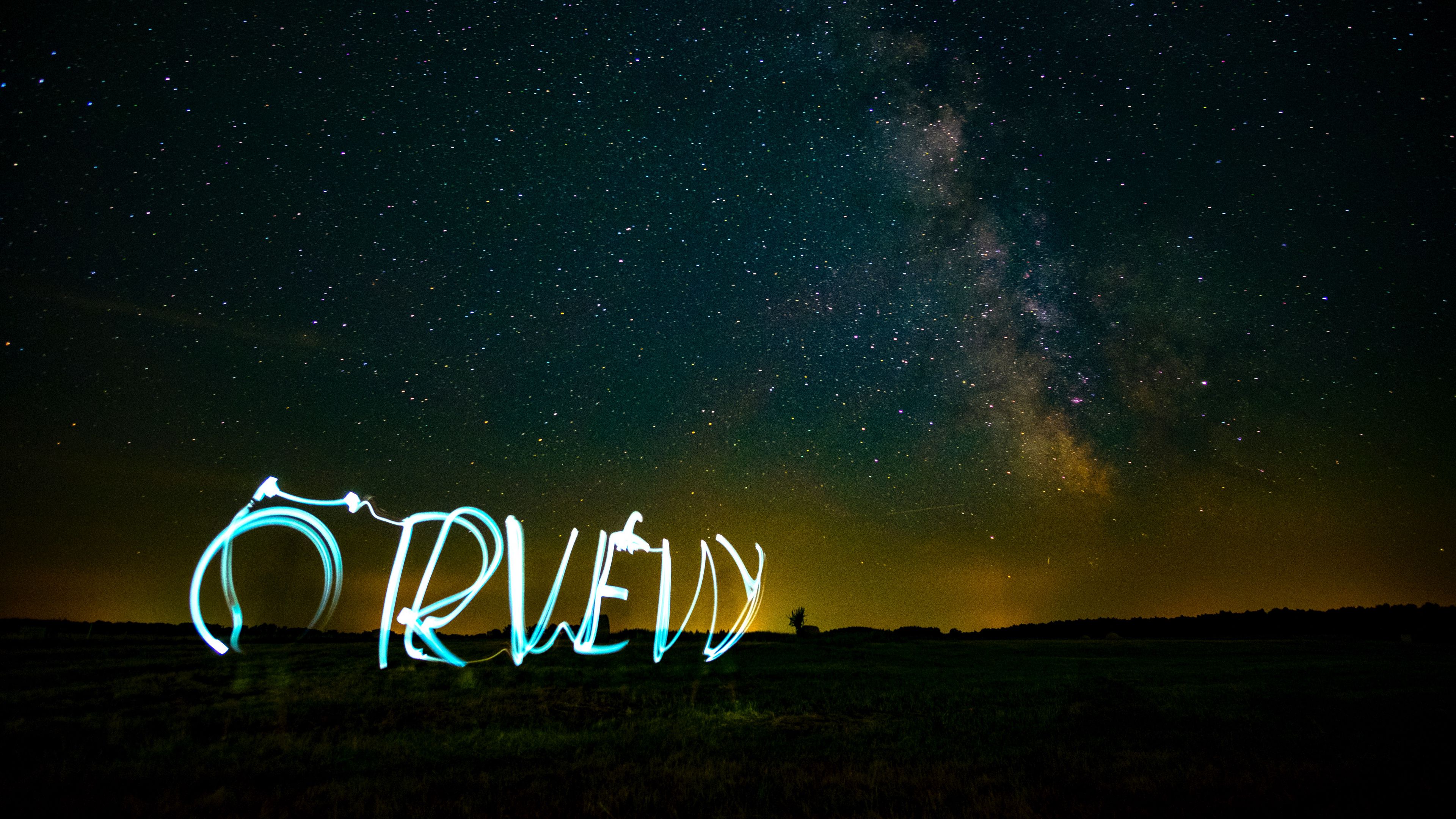 starry sky, inscription, light, 4k, HD Wallpaper