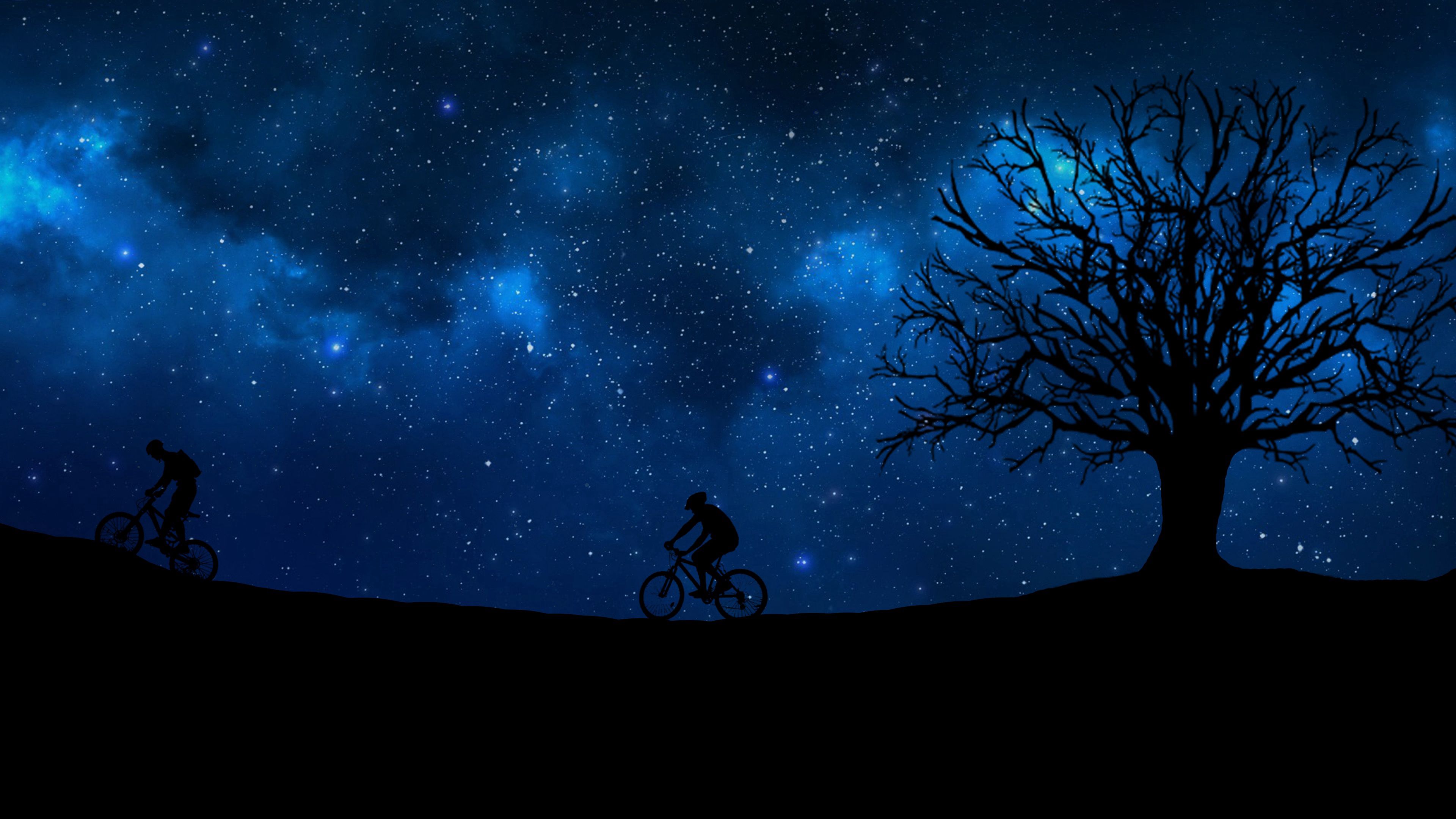 cyclist, starry sky, silhouette, 4k, HD Wallpaper