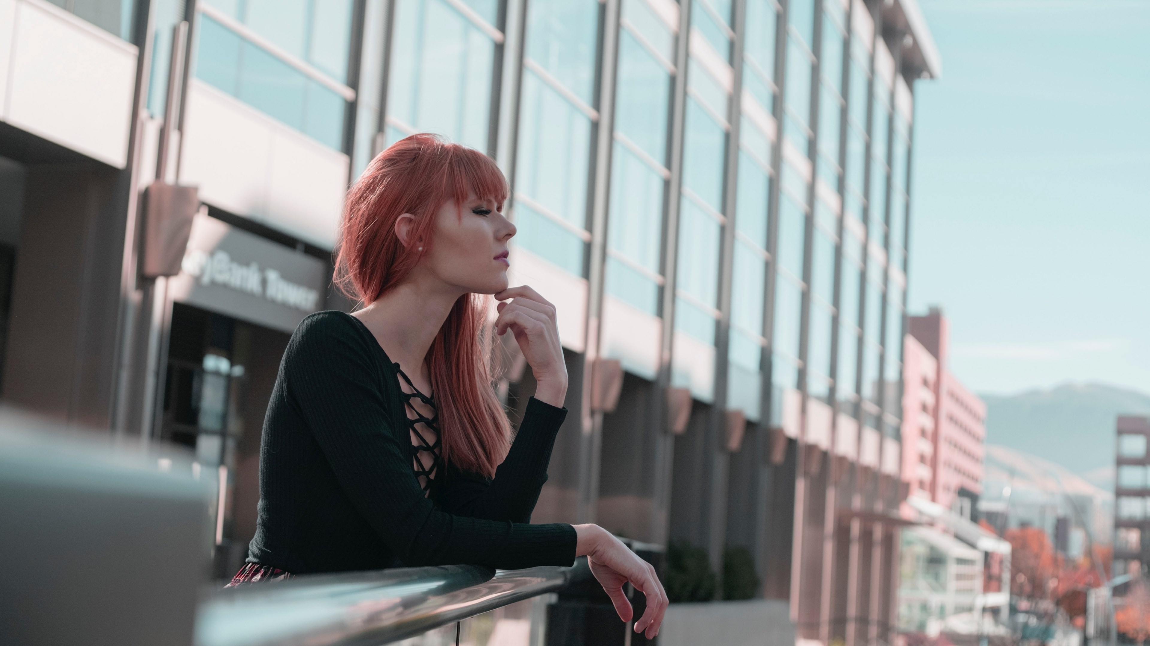 a red headed woman leaning against a railing, red headed woman at a railing 4k, HD Wallpaper