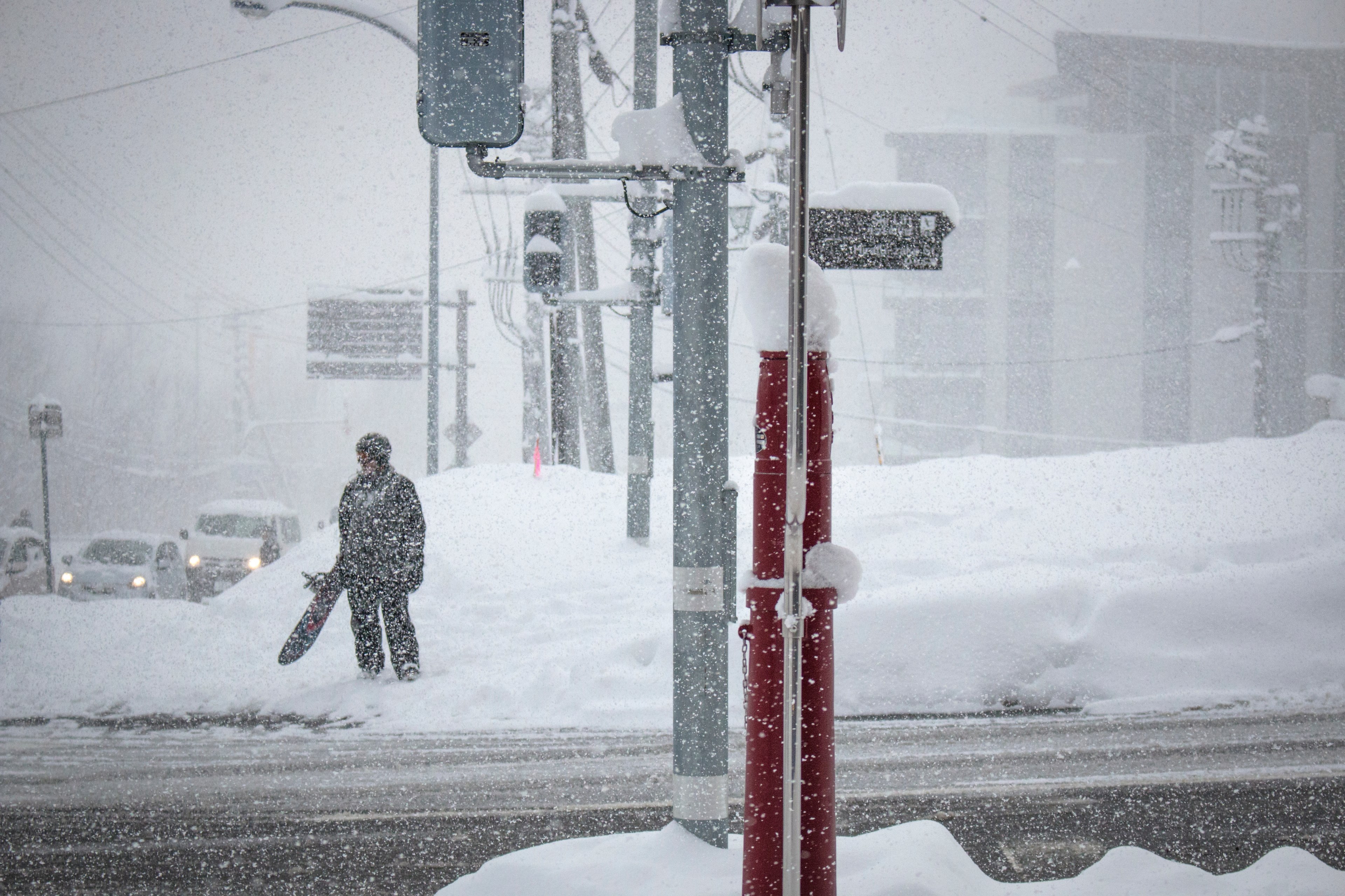 a snowboarder carrying his board and waiting to cross the street in hirafu japan, snowfall in hirafu 4k, HD Wallpaper
